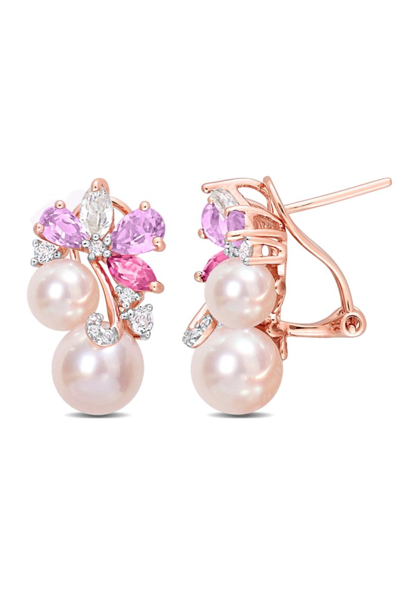 Pink Cultured Freshwater Pearl & 2 1/2 CT TGW Rose de France and Topaz Earrings in 18k Rose Plated Sterling Silver