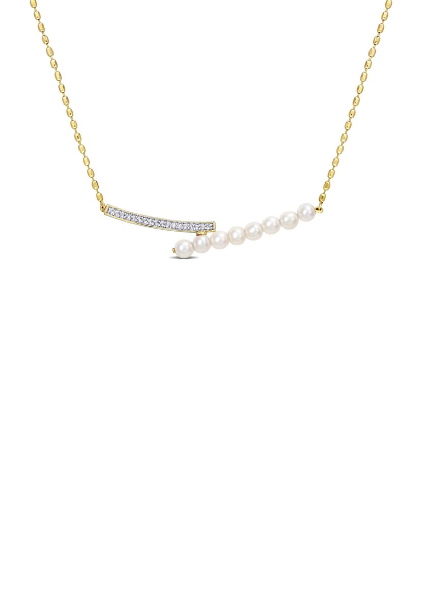 4-4.5mm White Freshwater Pearl and 1/5 CT TGW White Topaz Necklace in Yellow Plated Sterling Silver