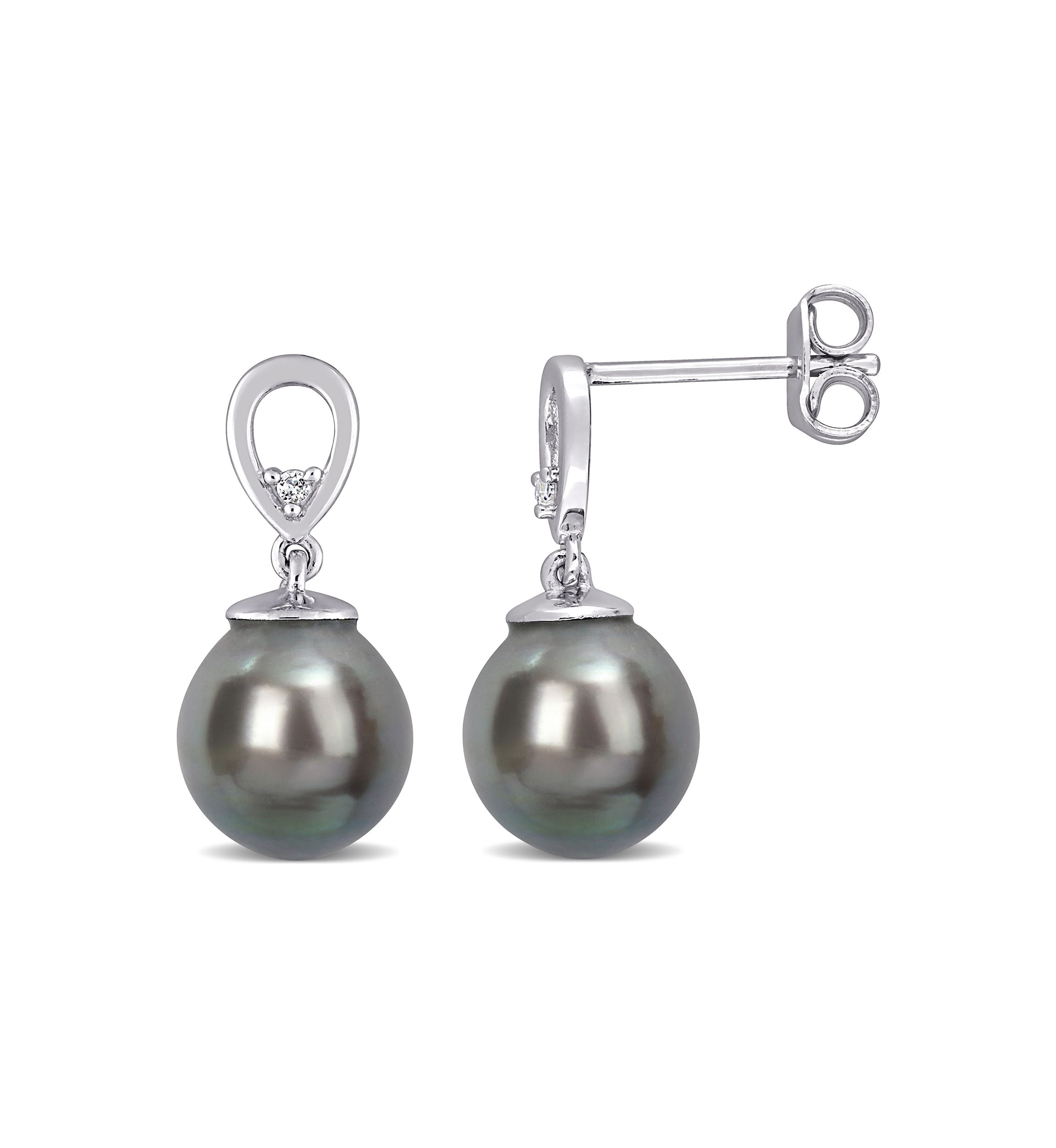 8-9mm Black Tahitian Cultured Pearl and White Topaz Drop Earrings in Sterling Silver