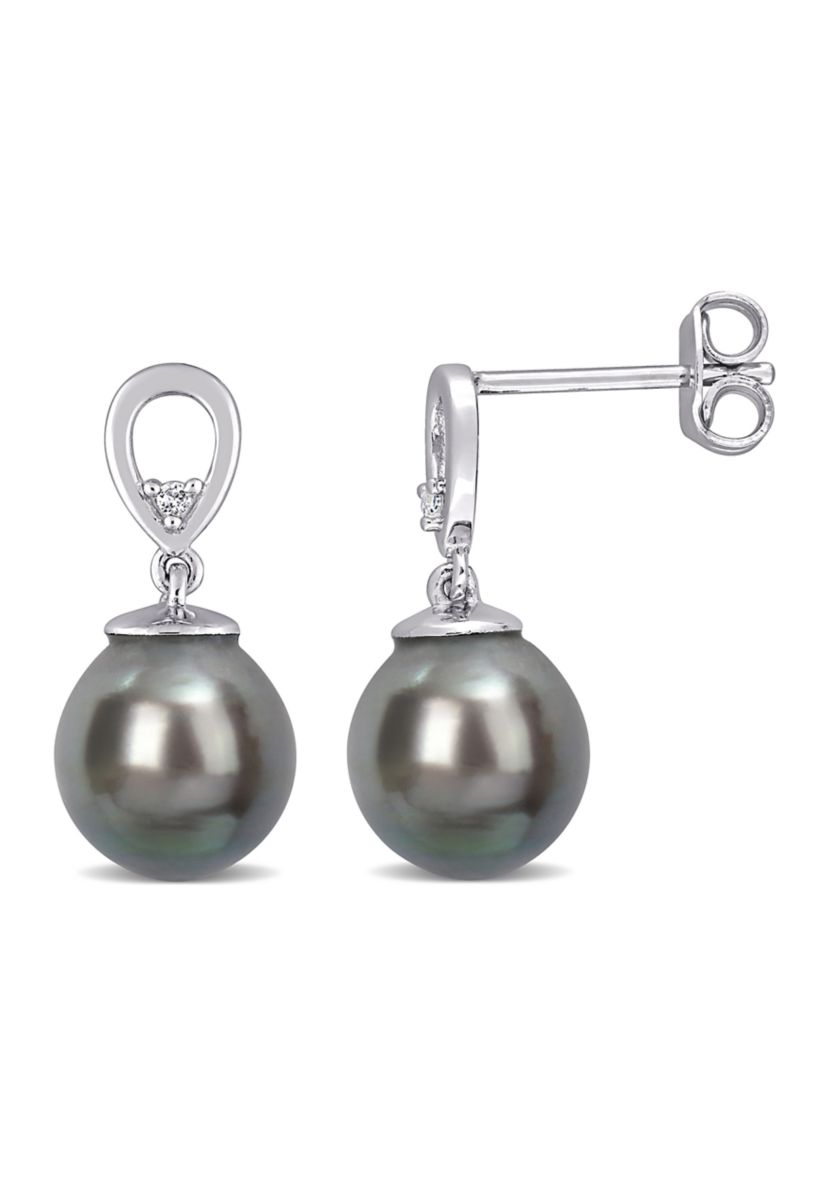 8-9mm Black Tahitian Cultured Pearl and White Topaz Drop Earrings in Sterling Silver