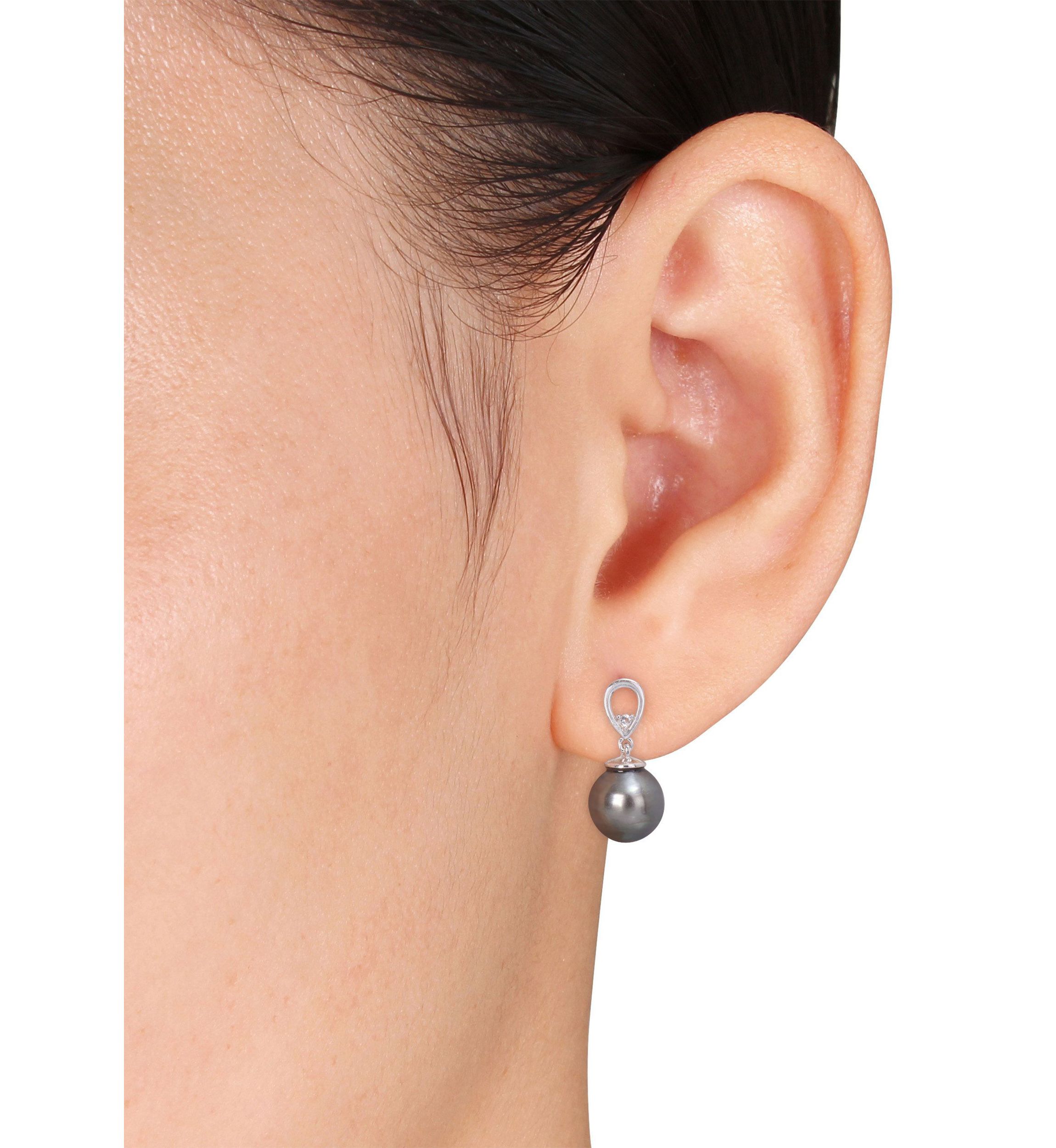 8-9mm Black Tahitian Cultured Pearl and White Topaz Drop Earrings in Sterling Silver