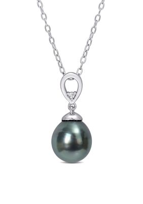 Belk & Co 8-9mm Black Tahitian Cultured Freshwater Pearl and White Topaz Drop Pendant with Chain in Sterling Silver