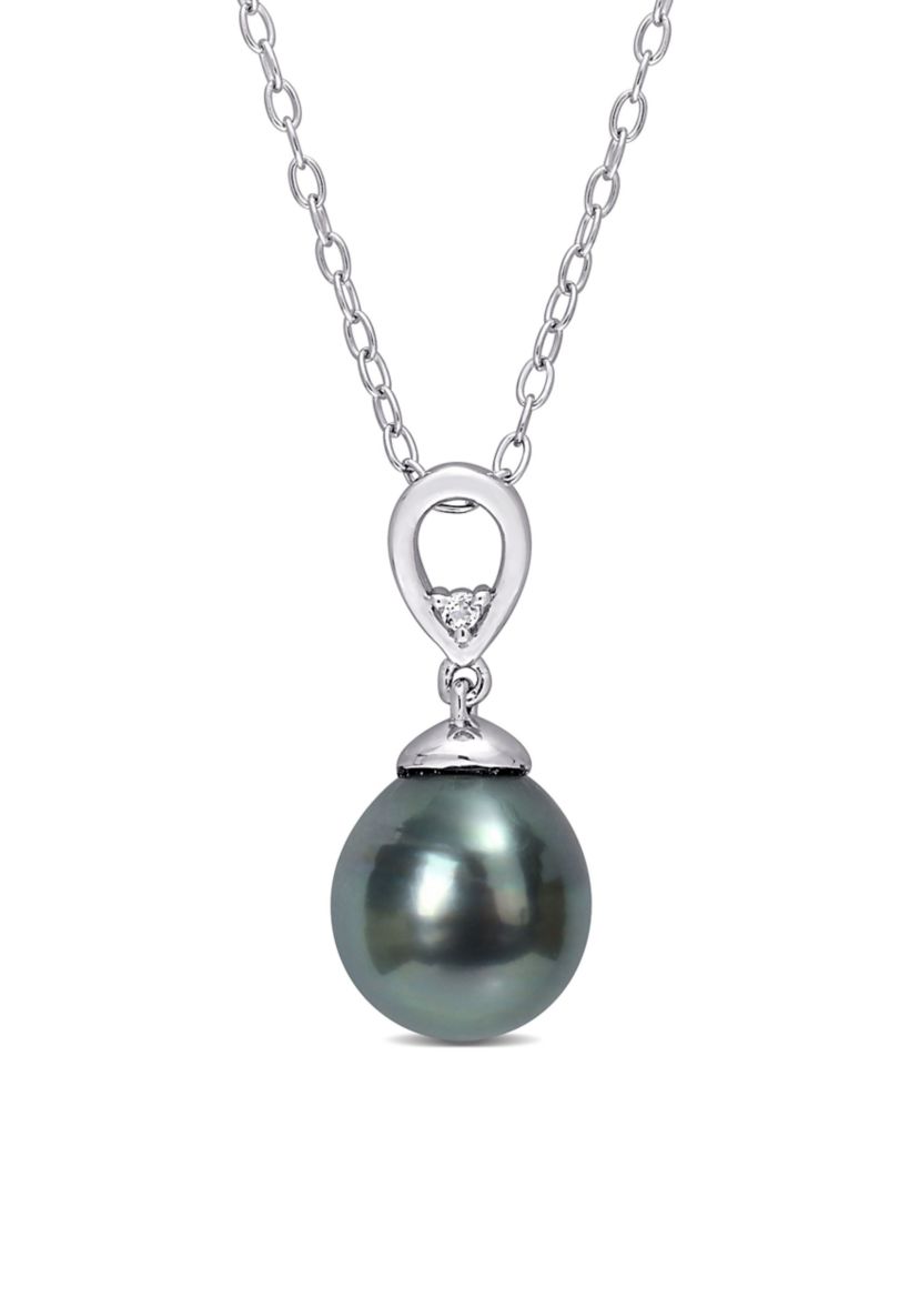 8-9mm Black Tahitian Cultured Freshwater Pearl and White Topaz Drop Pendant with Chain in Sterling Silver