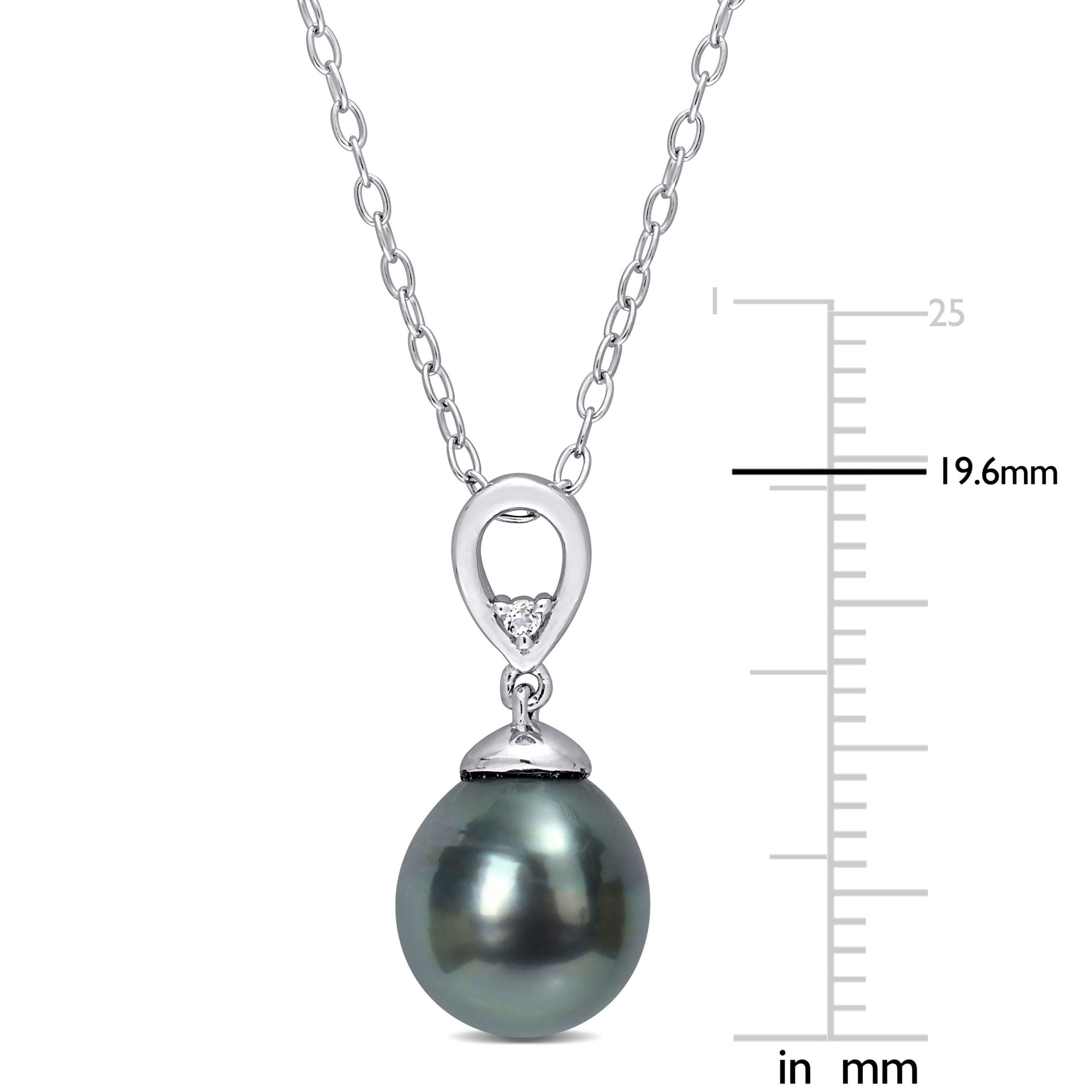 8-9mm Black Tahitian Cultured Freshwater Pearl and White Topaz Drop Pendant with Chain in Sterling Silver