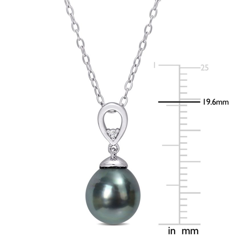 8-9mm Black Tahitian Cultured Freshwater Pearl and White Topaz Drop Pendant with Chain in Sterling Silver
