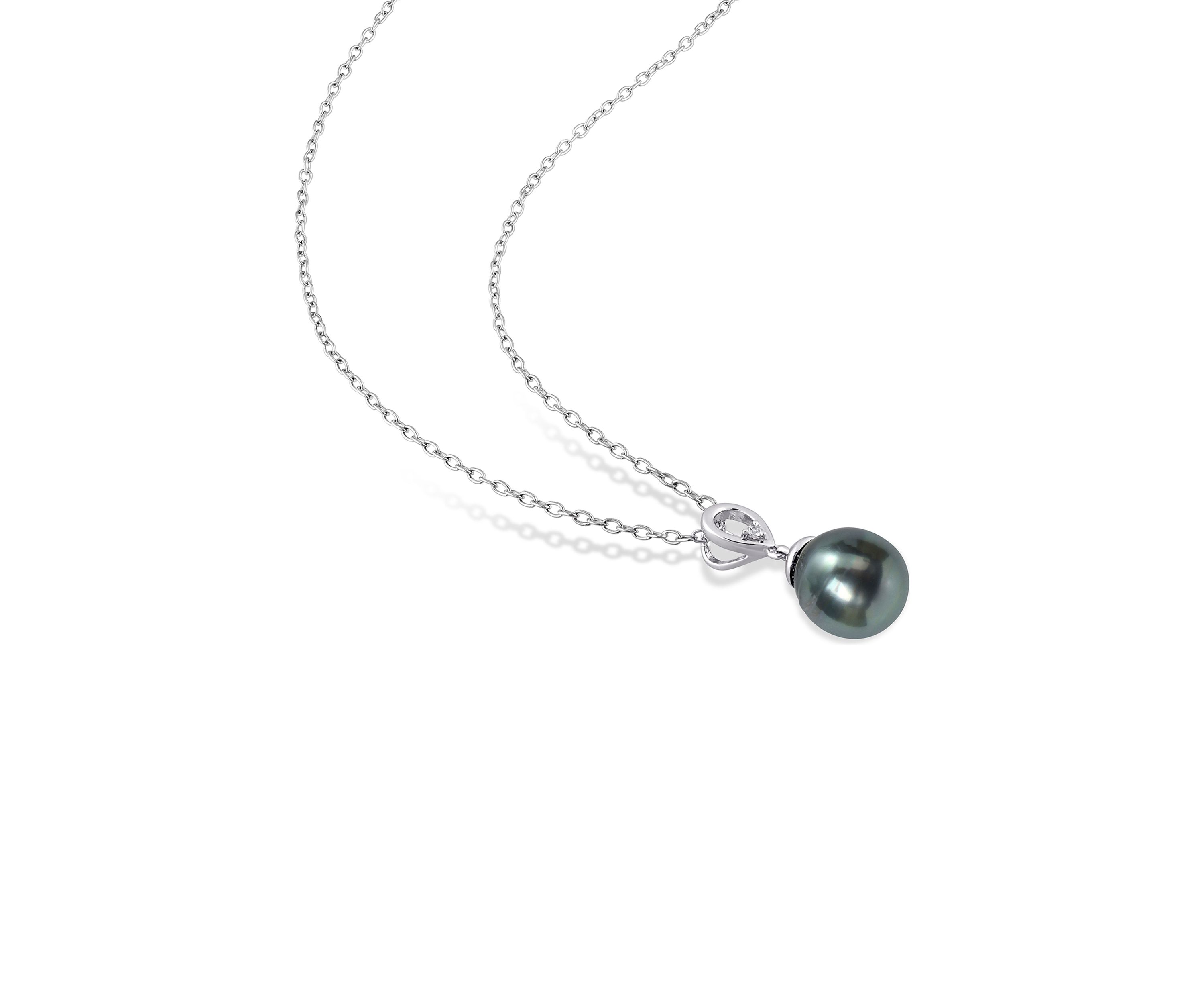 8-9mm Black Tahitian Cultured Freshwater Pearl and White Topaz Drop Pendant with Chain in Sterling Silver