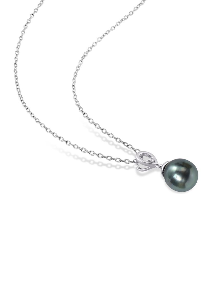 8-9mm Black Tahitian Cultured Freshwater Pearl and White Topaz Drop Pendant with Chain in Sterling Silver