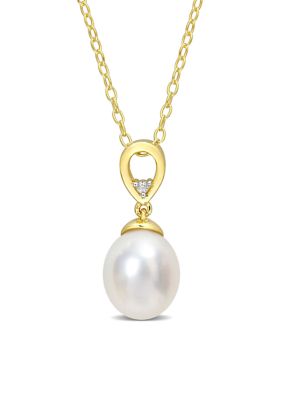 Belk & Co 8-9mm South Sea Cultured Freshwater Pearl and White Topaz Drop Pendant with Chain in Yellow Plated Sterling Silver