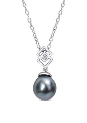 Belk & Co 8-9mm Black Tahitian Cultured Freshwater Pearl and White Topaz Lozenge Drop Pendant with Chain in Sterling Silver