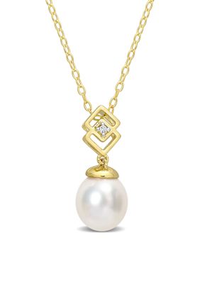 Belk & Co 8-9mm South Sea Cultured Freshwater Pearl and White Topaz Drop Pendant with Chain in Yellow Plated Sterling Silver