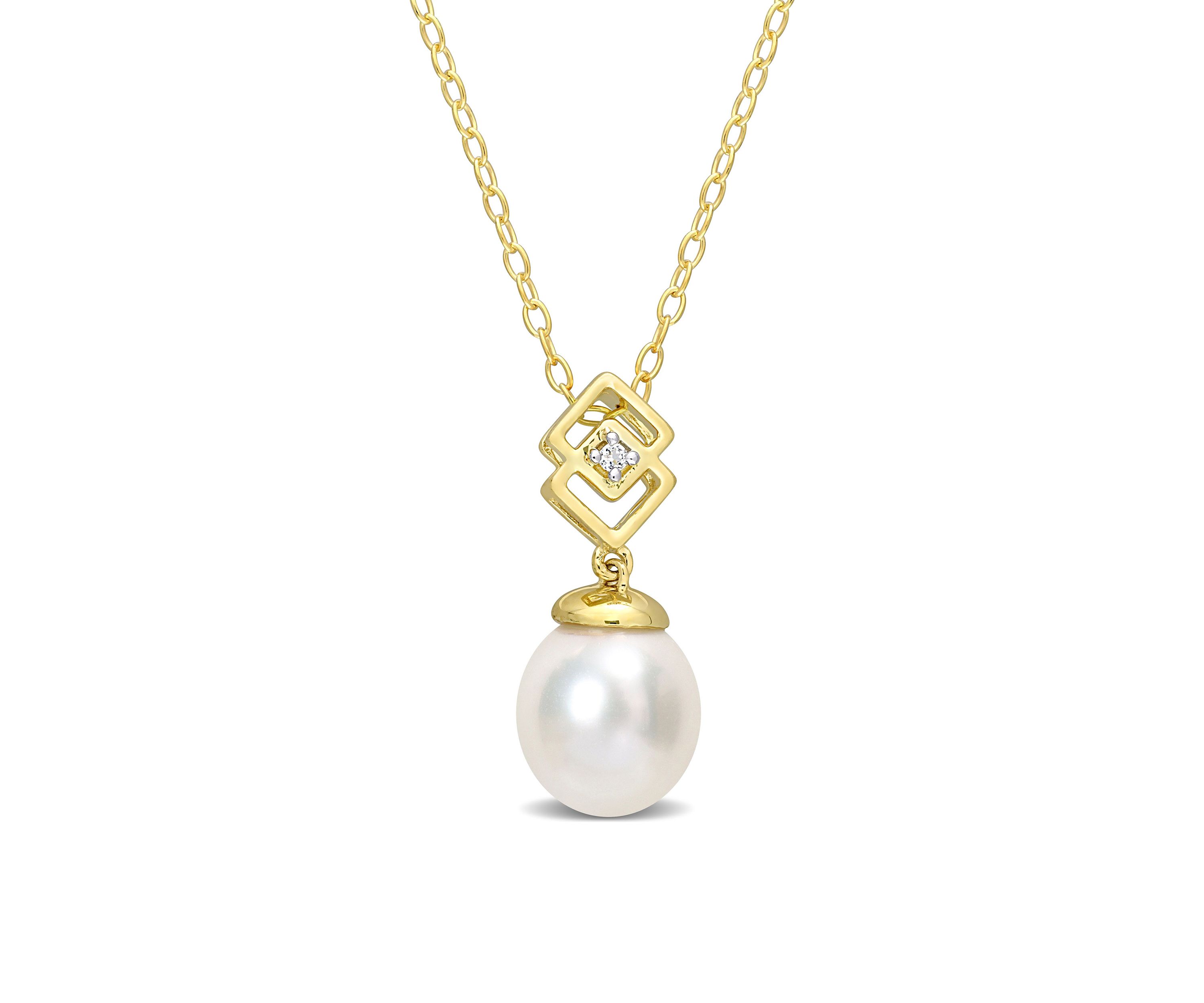 8-9mm South Sea Cultured Freshwater Pearl and White Topaz Drop Pendant with Chain in Yellow Plated Sterling Silver