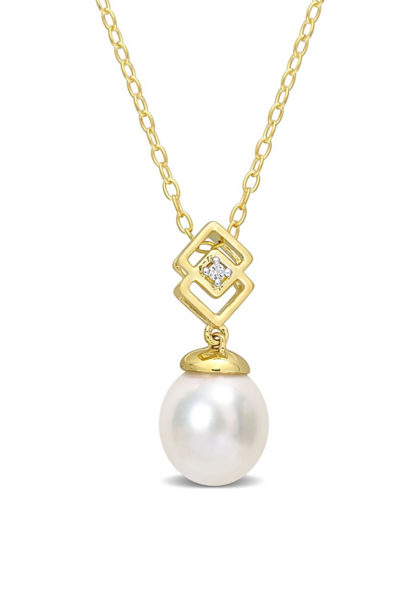 8-9mm South Sea Cultured Freshwater Pearl and White Topaz Drop Pendant with Chain in Yellow Plated Sterling Silver