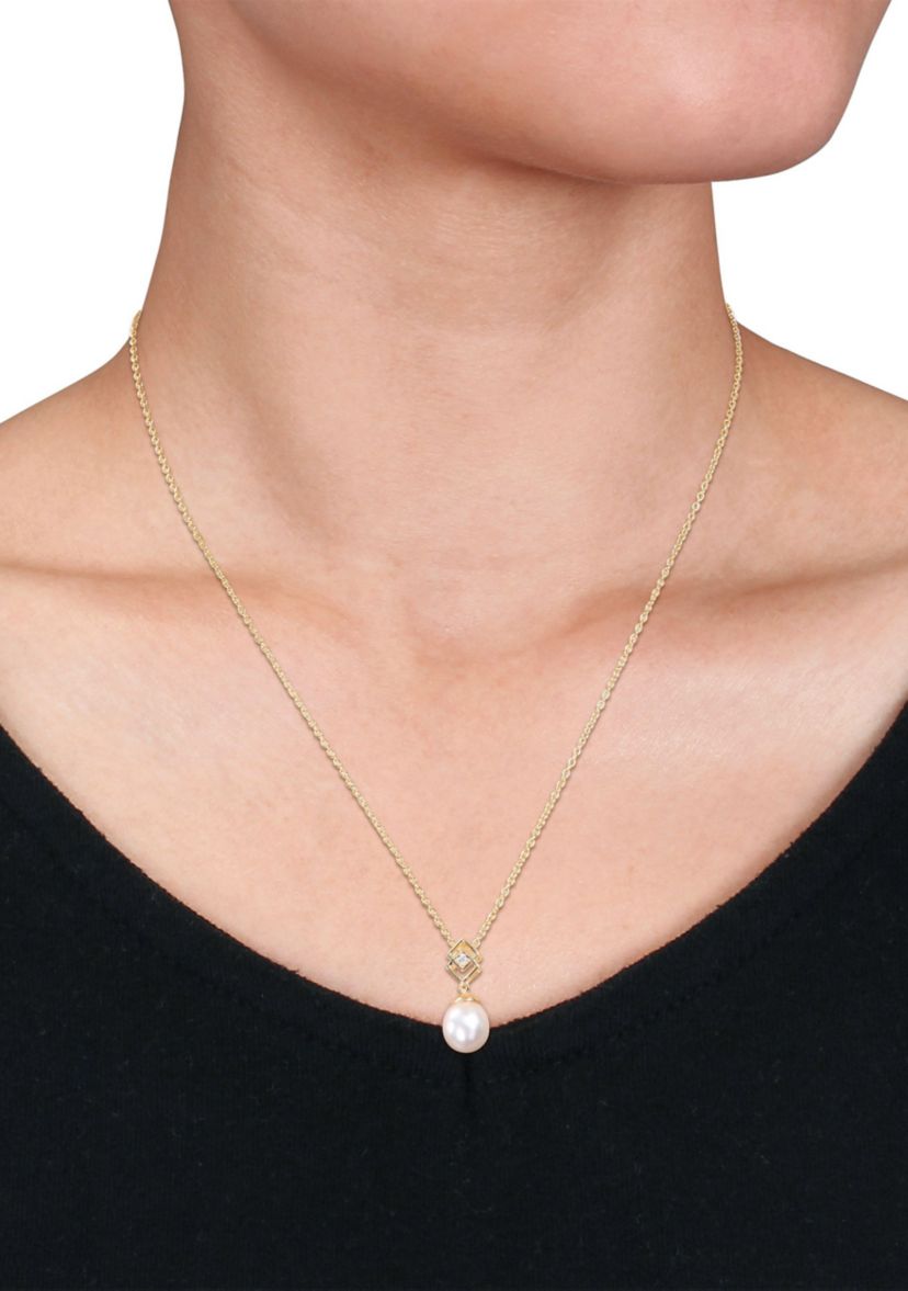 8-9mm South Sea Cultured Freshwater Pearl and White Topaz Drop Pendant with Chain in Yellow Plated Sterling Silver