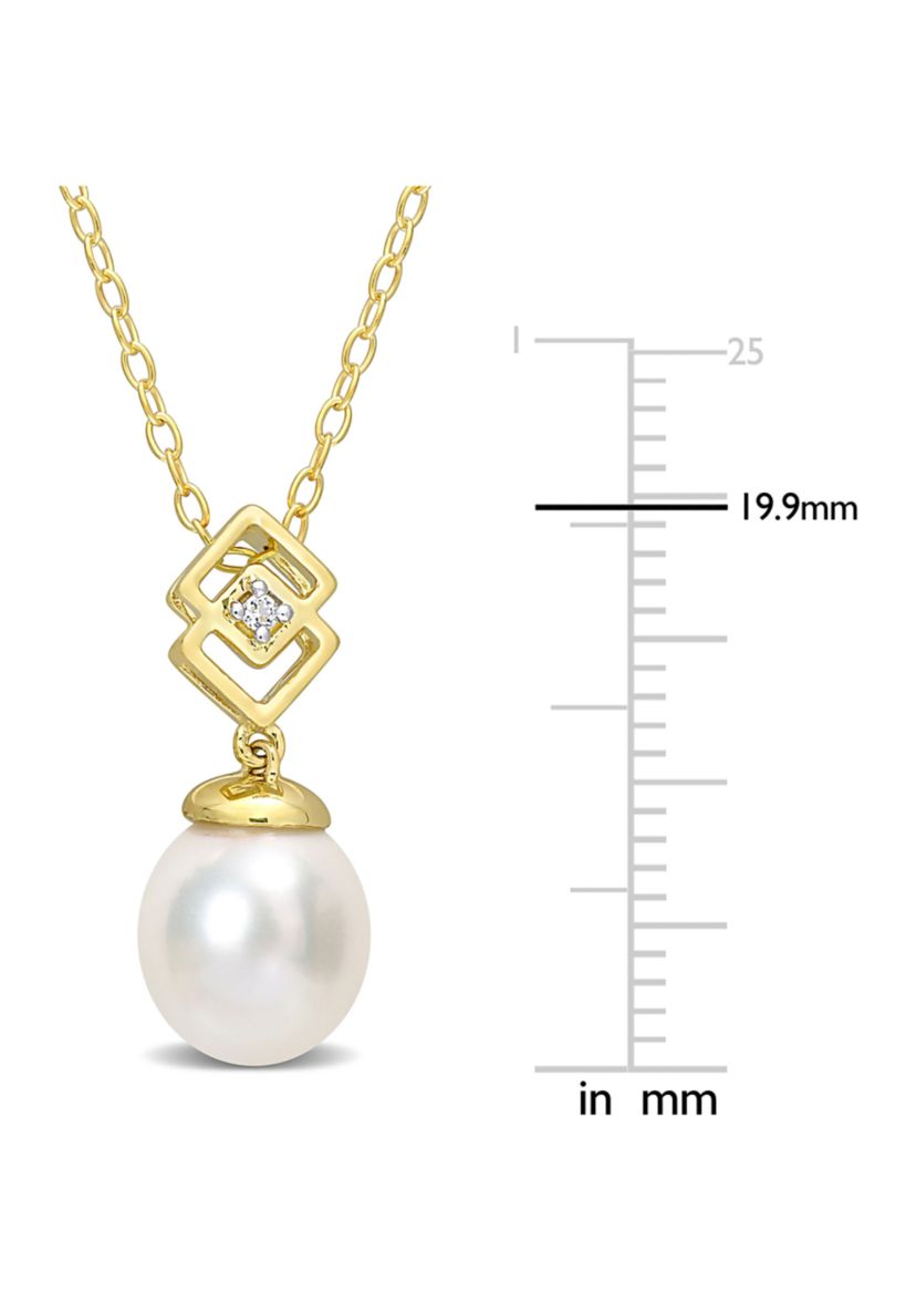 8-9mm South Sea Cultured Freshwater Pearl and White Topaz Drop Pendant with Chain in Yellow Plated Sterling Silver