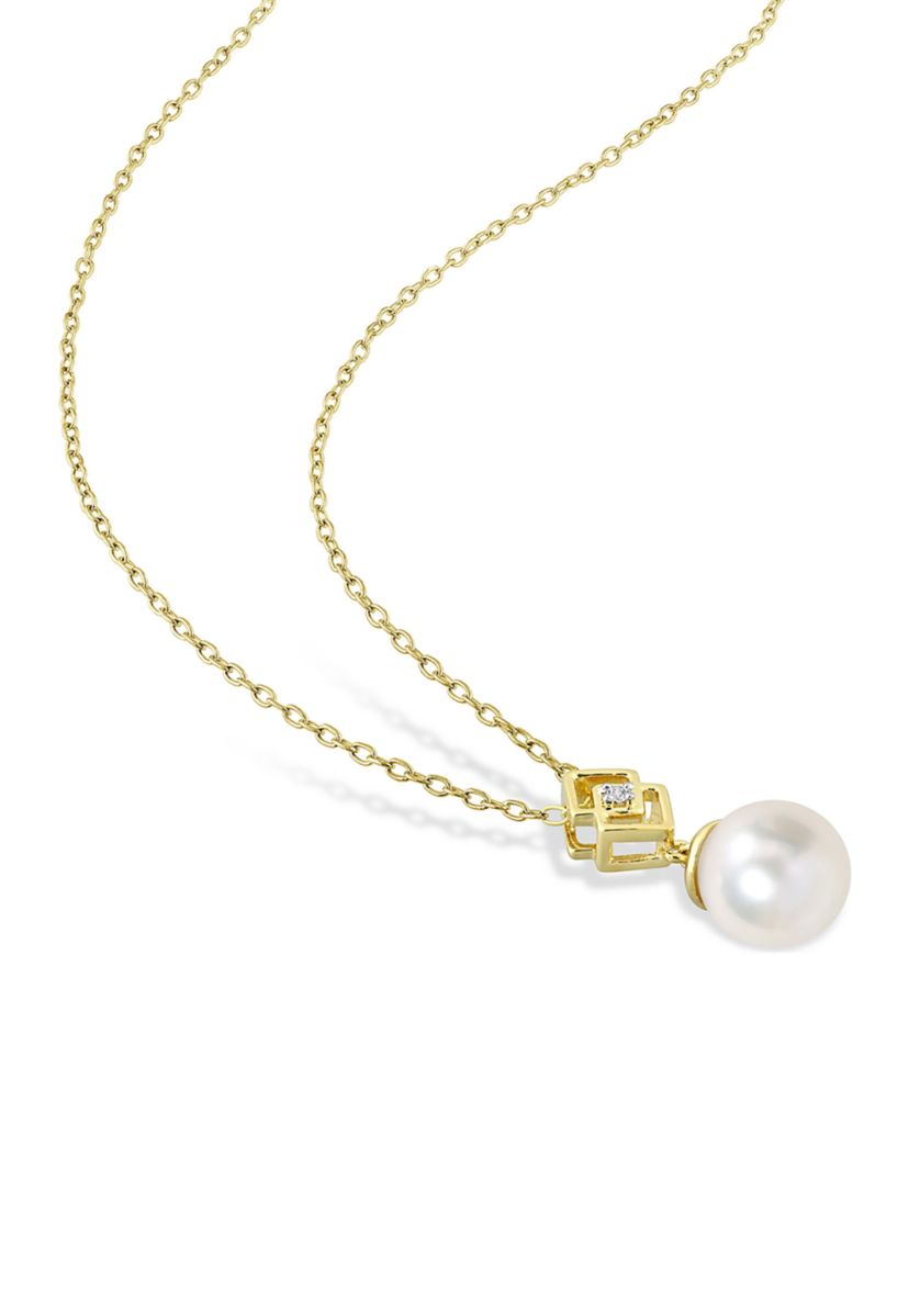 8-9mm South Sea Cultured Freshwater Pearl and White Topaz Drop Pendant with Chain in Yellow Plated Sterling Silver