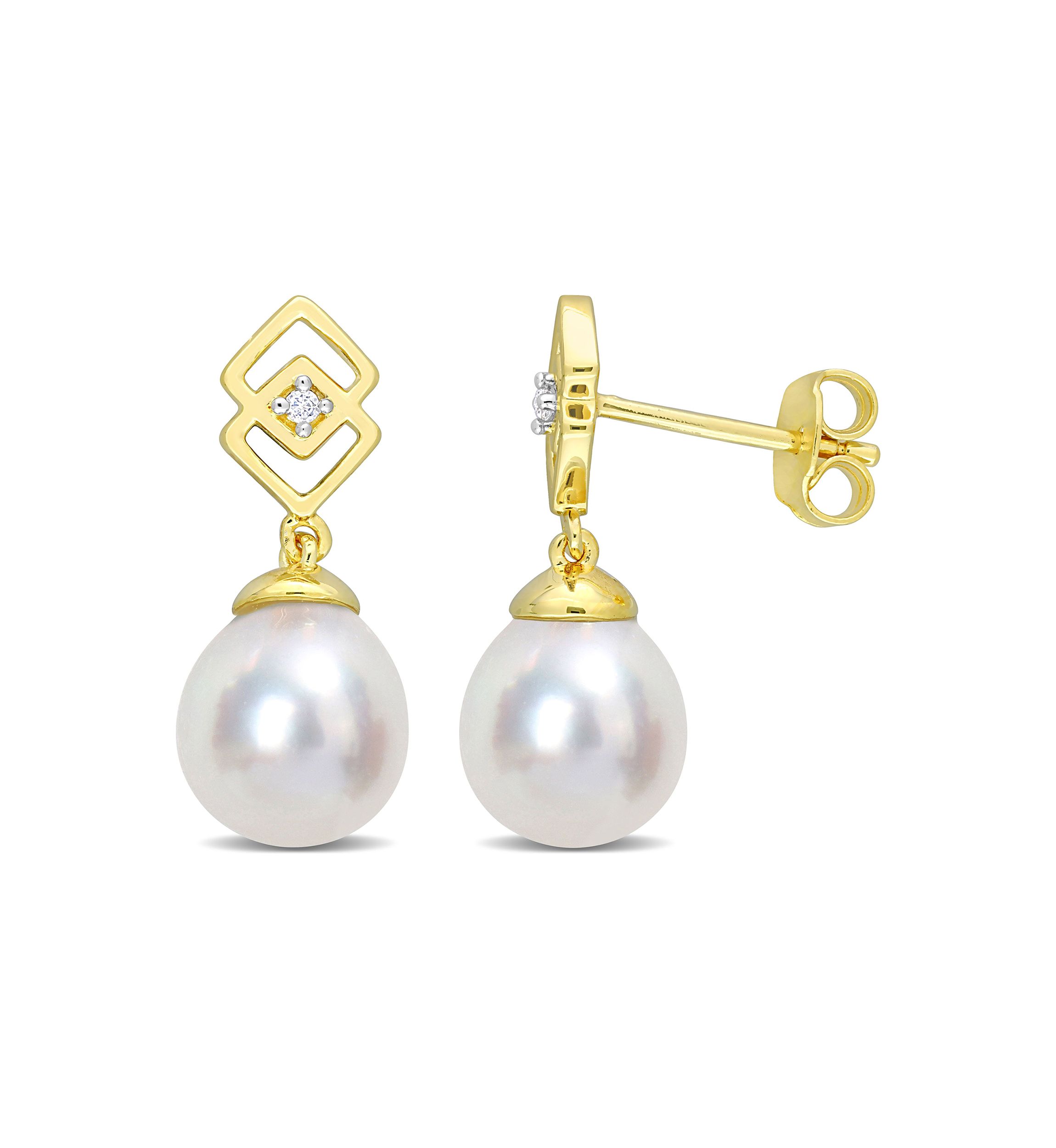 8-9mm South Sea Cultured Freshwater Pearl and White Topaz Drop Earrings in Yellow Plated Sterling Silver