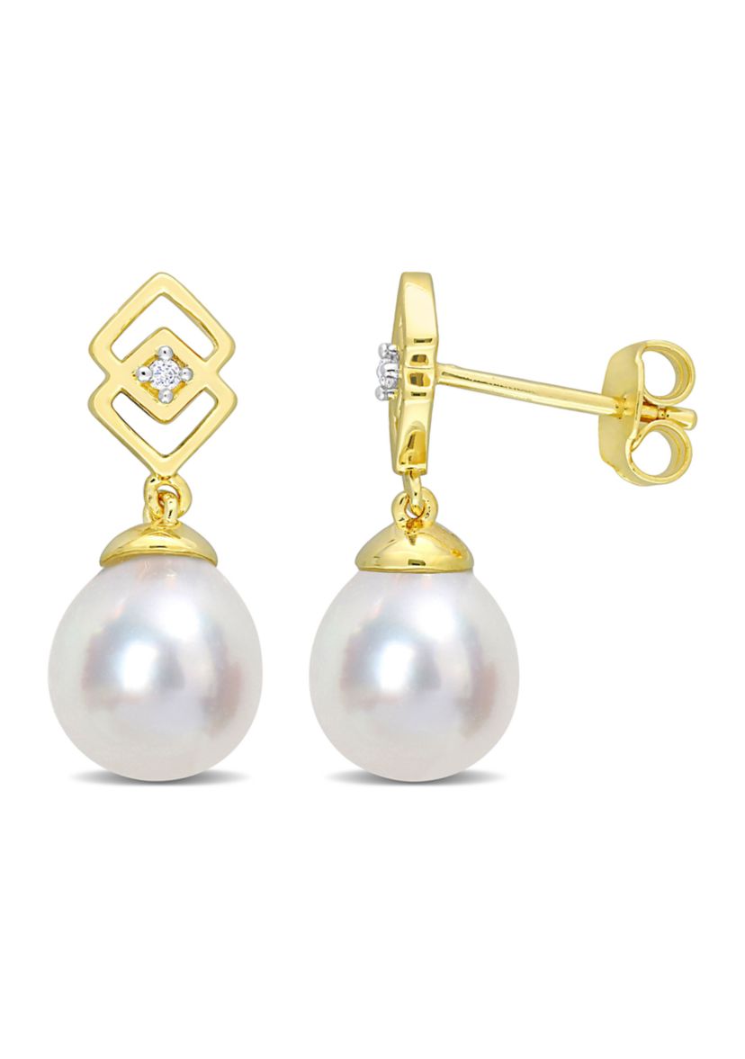 8-9mm South Sea Cultured Freshwater Pearl and White Topaz Drop Earrings in Yellow Plated Sterling Silver