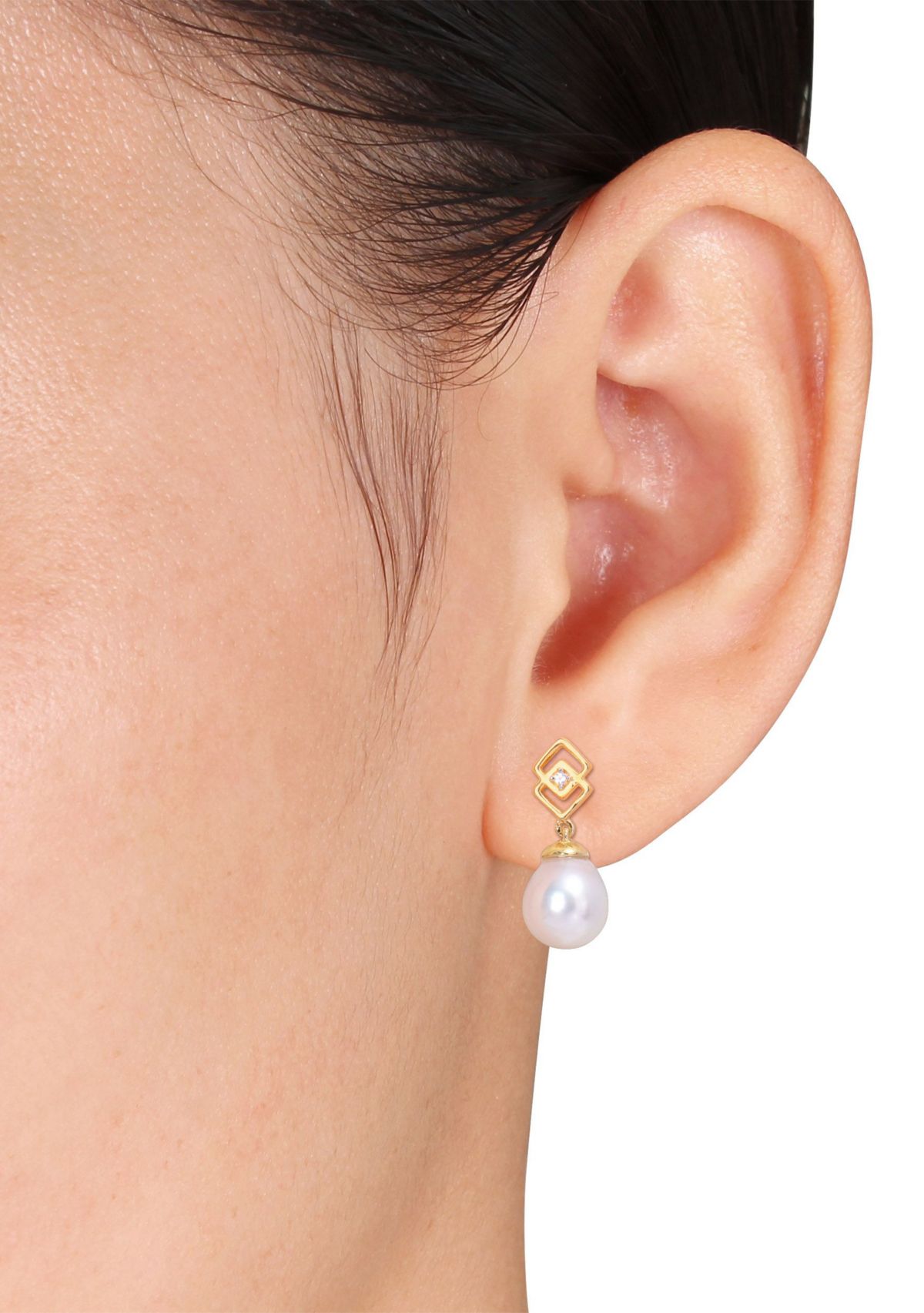 8-9mm South Sea Cultured Freshwater Pearl and White Topaz Drop Earrings in Yellow Plated Sterling Silver