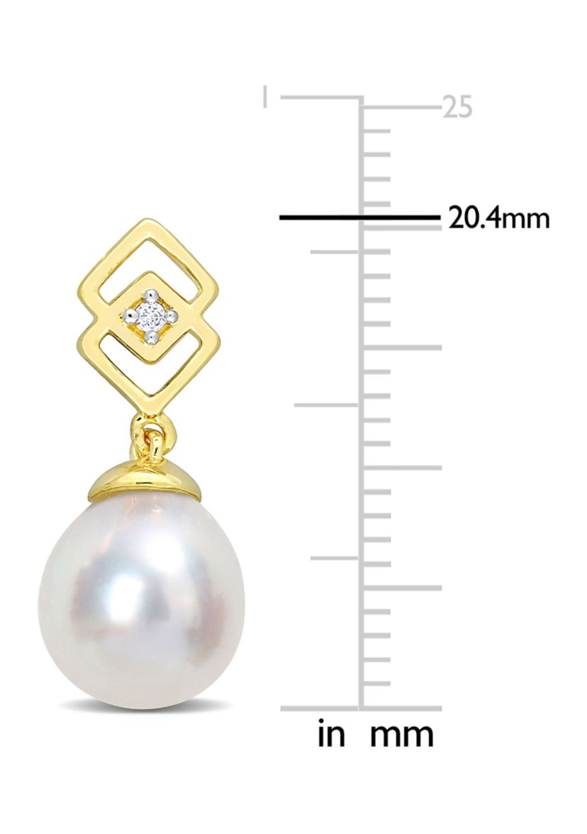 8-9mm South Sea Cultured Freshwater Pearl and White Topaz Drop Earrings in Yellow Plated Sterling Silver