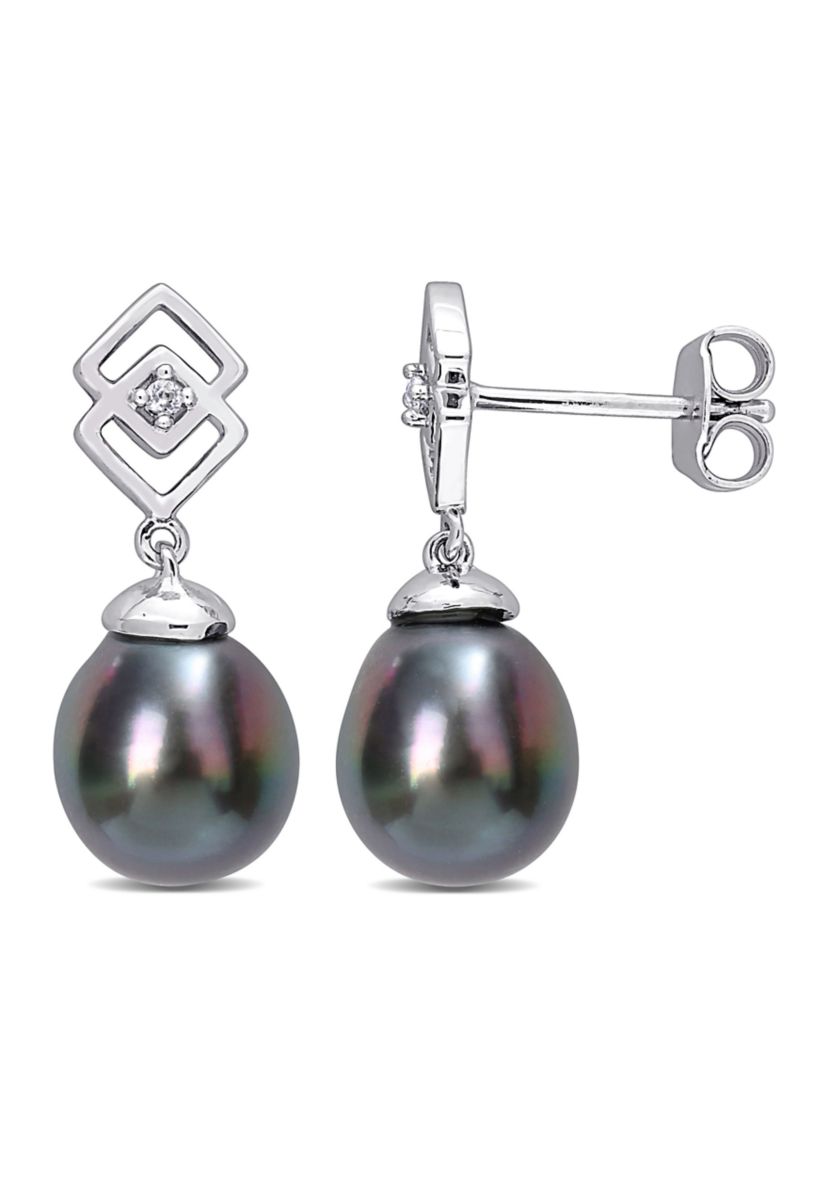8-9mm Black Tahitian Cultured Pearl and White Topaz Drop Earrings in Sterling Silver