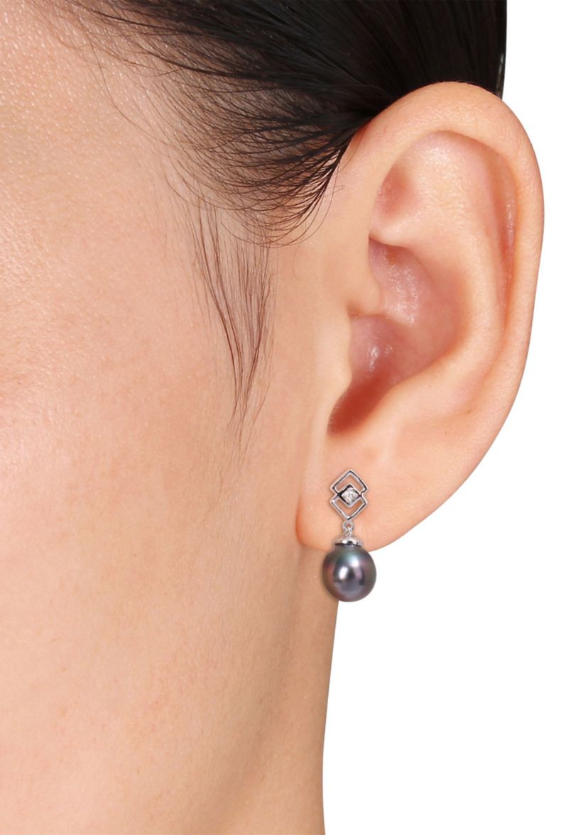 8-9mm Black Tahitian Cultured Pearl and White Topaz Drop Earrings in Sterling Silver
