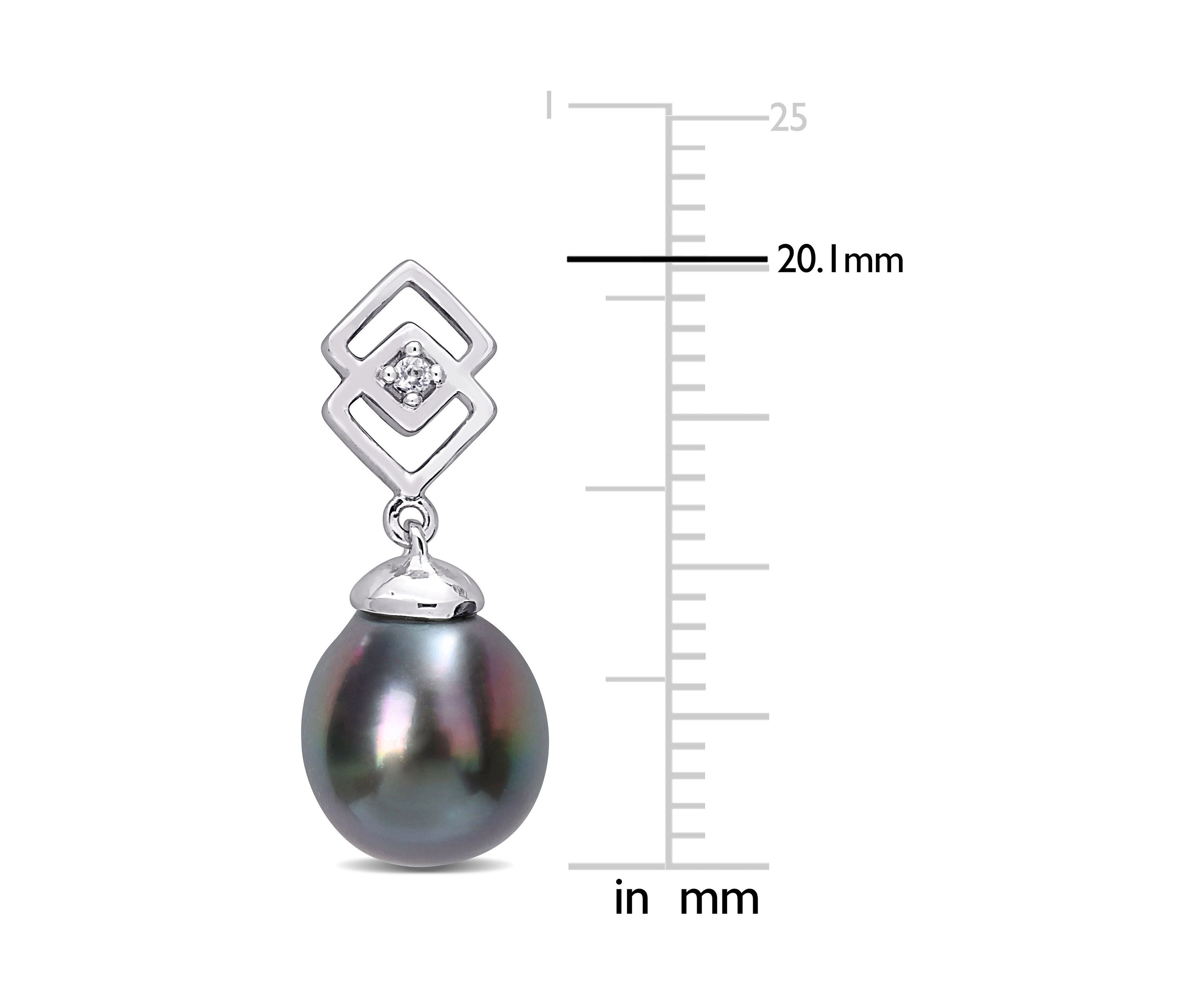8-9mm Black Tahitian Cultured Pearl and White Topaz Drop Earrings in Sterling Silver