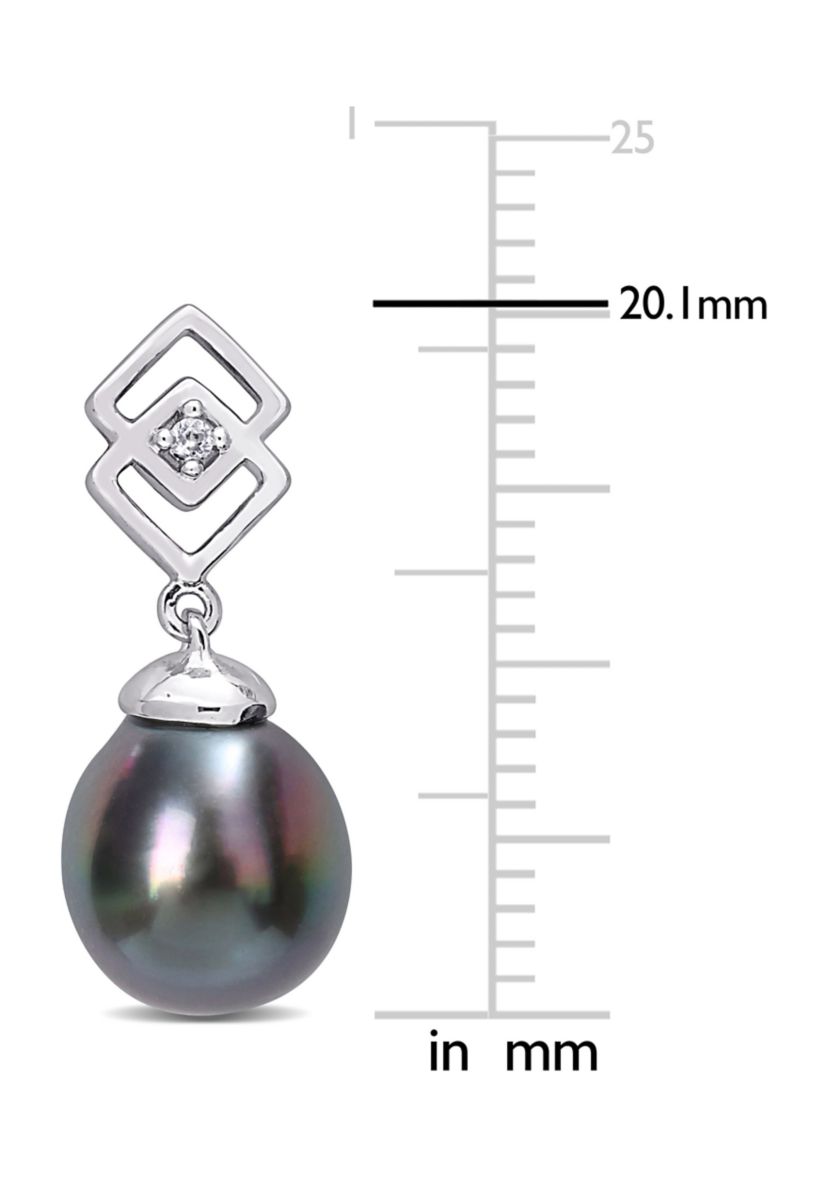 8-9mm Black Tahitian Cultured Pearl and White Topaz Drop Earrings in Sterling Silver