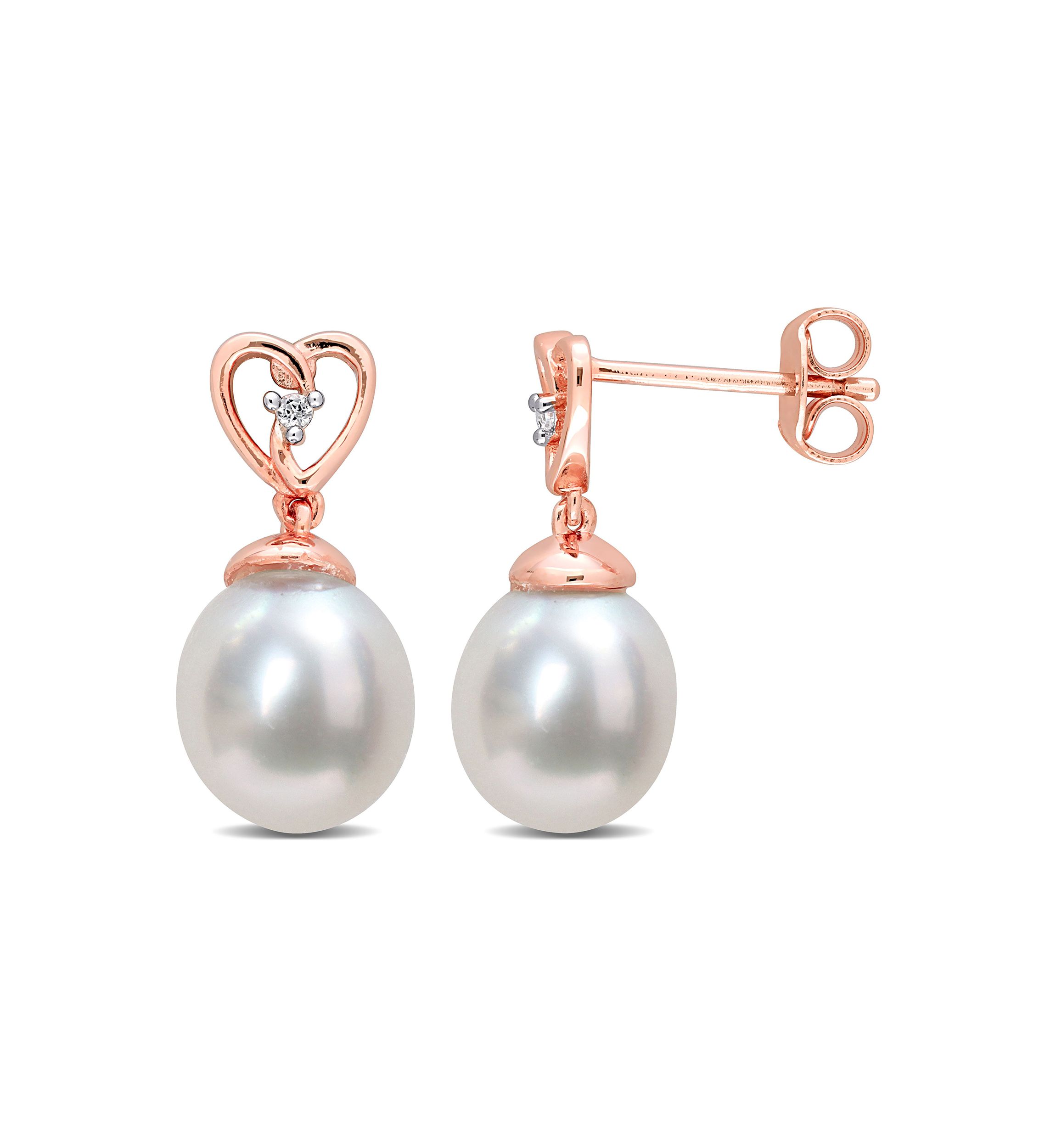 8-9mm South Sea Cultured Freshwater Pearl and White Topaz Drop Earrings in Rose Plated Sterling Silver