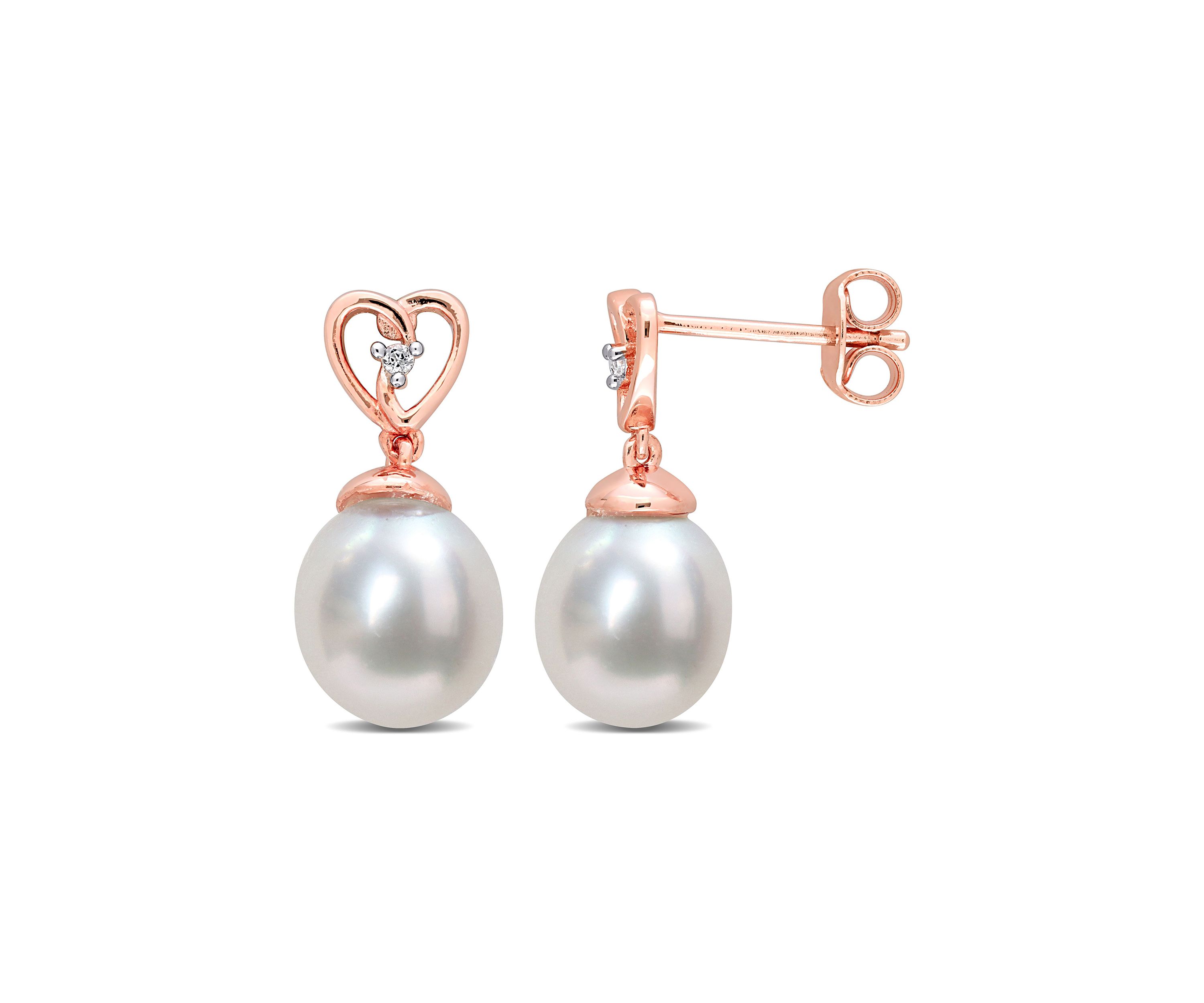 8-9mm South Sea Cultured Freshwater Pearl and White Topaz Drop Earrings in Rose Plated Sterling Silver
