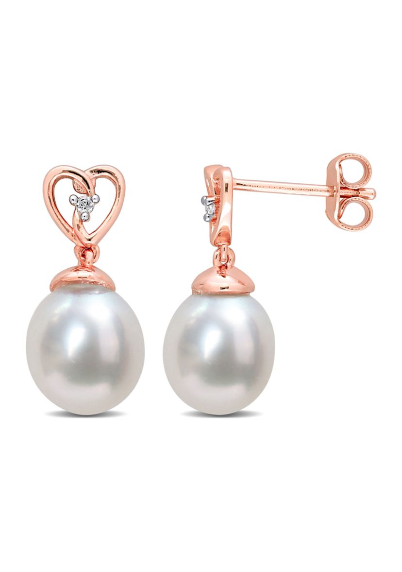 8-9mm South Sea Cultured Freshwater Pearl and White Topaz Drop Earrings in Rose Plated Sterling Silver