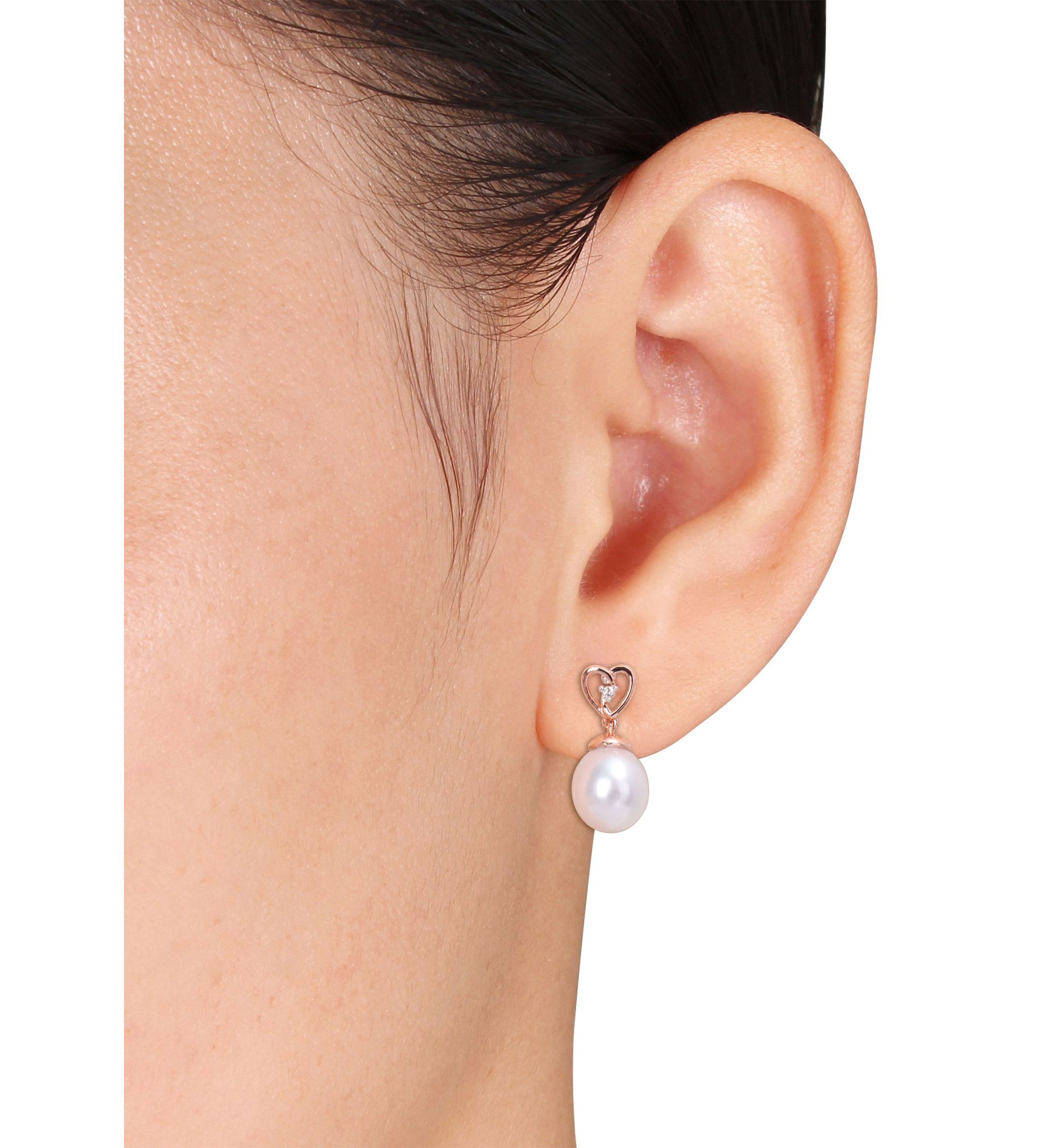 8-9mm South Sea Cultured Freshwater Pearl and White Topaz Drop Earrings in Rose Plated Sterling Silver