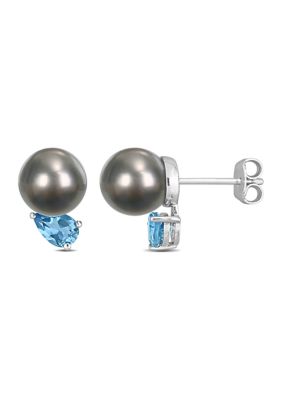 Belk & Co 8-9mm Black Tahitian Cultured Pearl and 1 CT TGW Swiss Blue Topaz Stud Earrings in Sterling Silver, White
