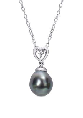 Belk & Co 8-9mm Black Tahitian Cultured Freshwater Pearl and White Topaz Heart Drop Pendant with Chain in Sterling Silver