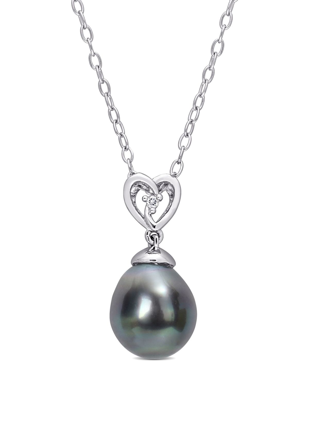 8-9mm Black Tahitian Cultured Freshwater Pearl and White Topaz Heart Drop Pendant with Chain in Sterling Silver