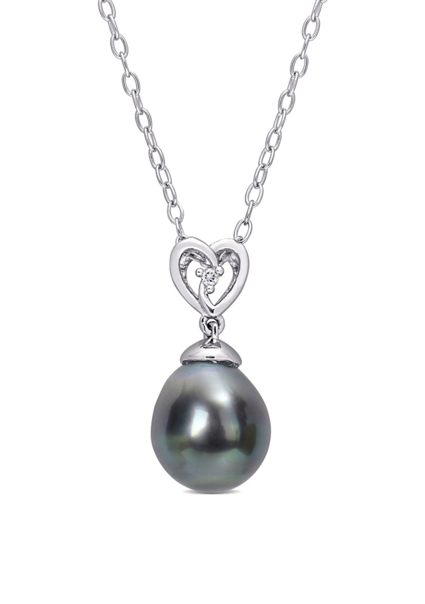 8-9mm Black Tahitian Cultured Freshwater Pearl and White Topaz Heart Drop Pendant with Chain in Sterling Silver