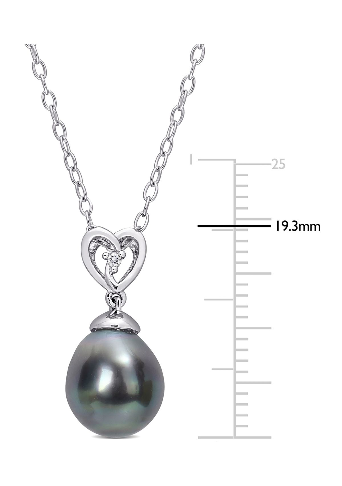 8-9mm Black Tahitian Cultured Freshwater Pearl and White Topaz Heart Drop Pendant with Chain in Sterling Silver