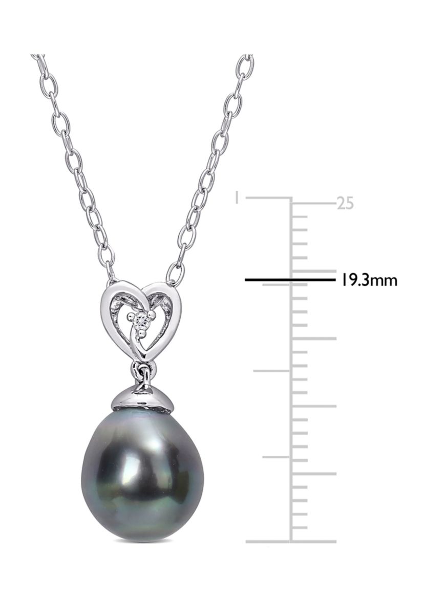 8-9mm Black Tahitian Cultured Freshwater Pearl and White Topaz Heart Drop Pendant with Chain in Sterling Silver