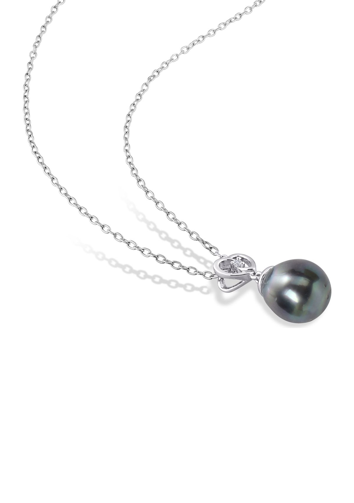 8-9mm Black Tahitian Cultured Freshwater Pearl and White Topaz Heart Drop Pendant with Chain in Sterling Silver