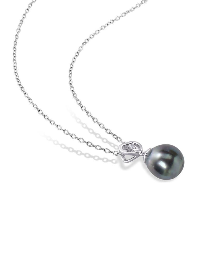 8-9mm Black Tahitian Cultured Freshwater Pearl and White Topaz Heart Drop Pendant with Chain in Sterling Silver