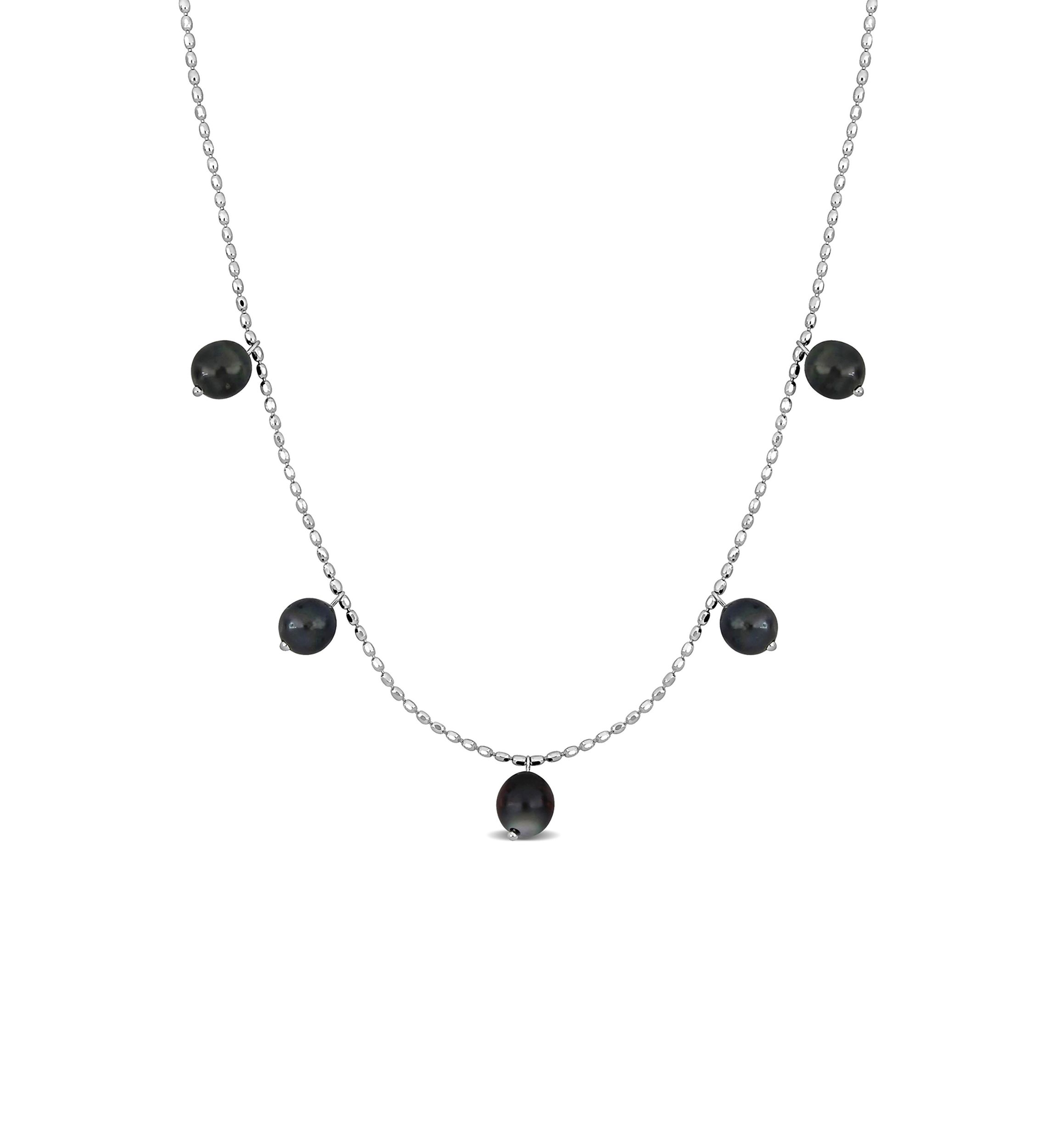 8-9mm Black Tahitian Cultured Pearl Station Chain Necklace in Sterling Silver