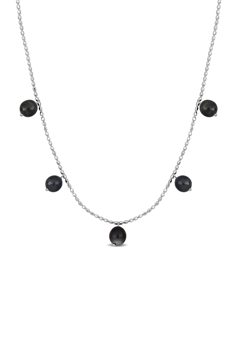 8-9mm Black Tahitian Cultured Pearl Station Chain Necklace in Sterling Silver