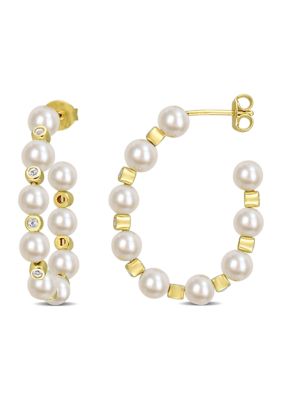 Belk & Co 4.5-5mm Freshwater Cultured Pearl and 1/2 CT TGW White Topaz Beaded Hoop Earrings in Yellow Plated Sterling Silver