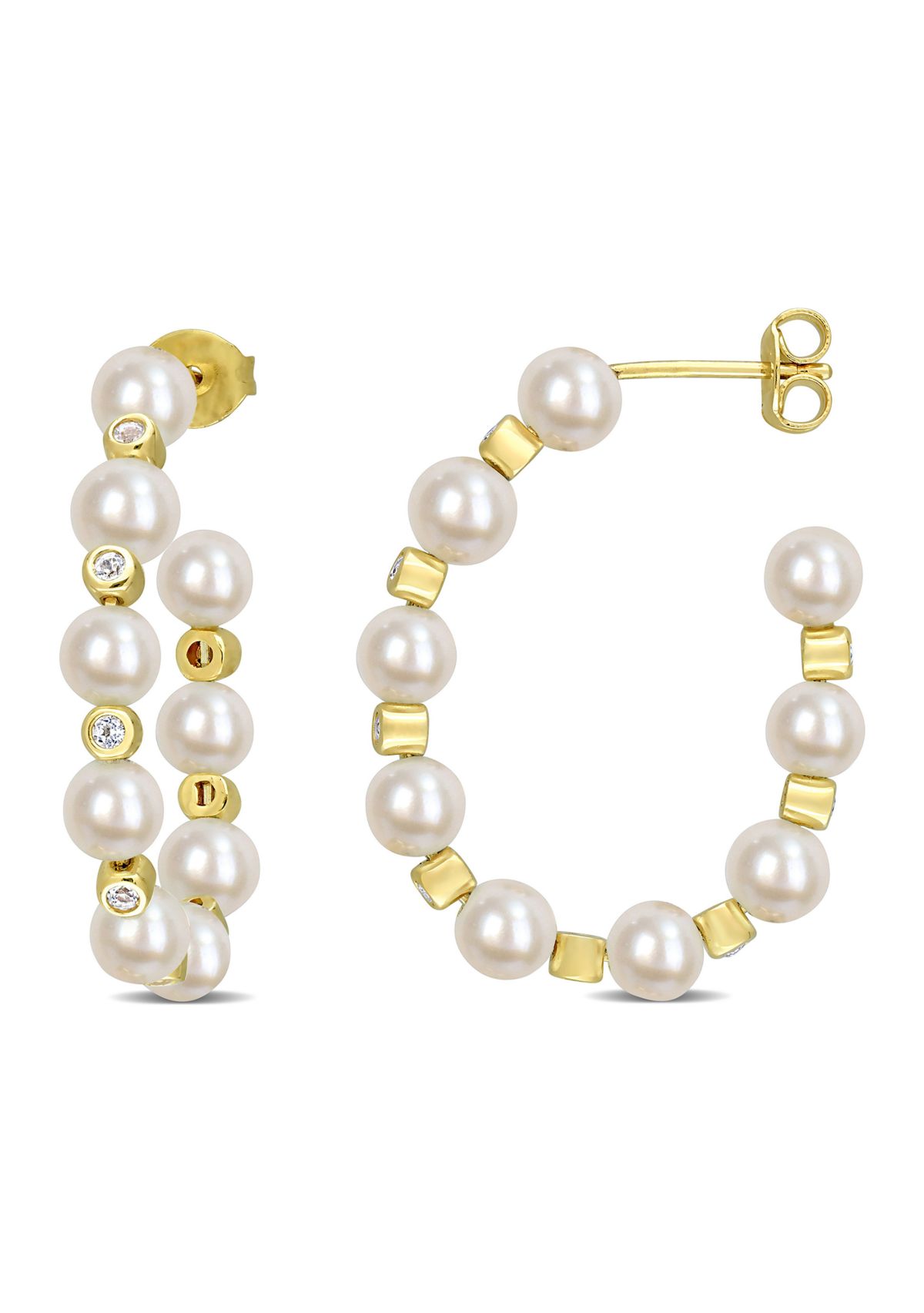 4.5-5mm Freshwater Cultured Pearl and 1/2 CT TGW White Topaz Beaded Hoop Earrings in Yellow Plated Sterling Silver