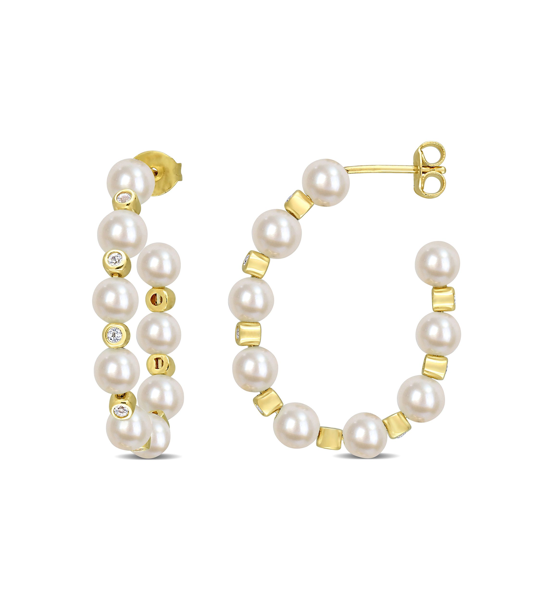 4.5-5mm Freshwater Cultured Pearl and 1/2 CT TGW White Topaz Beaded Hoop Earrings in Yellow Plated Sterling Silver