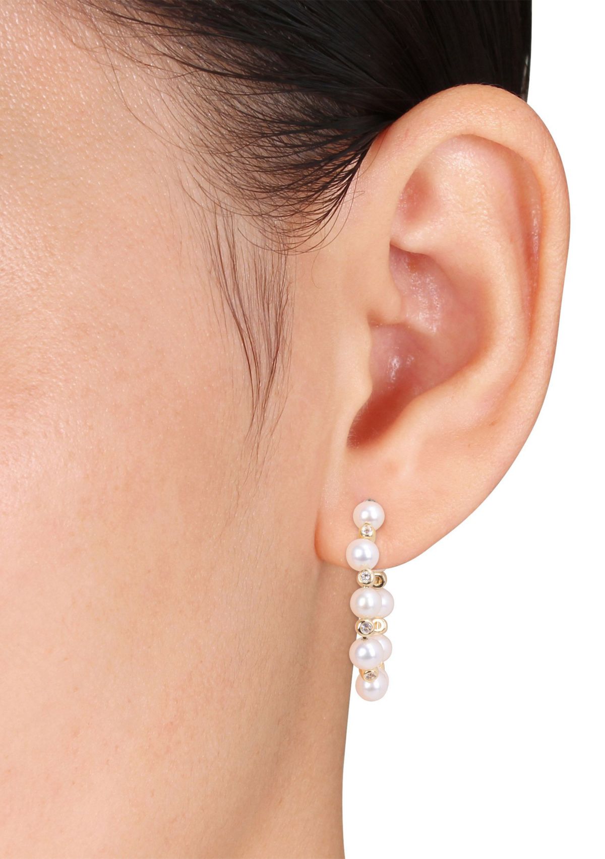 4.5-5mm Freshwater Cultured Pearl and 1/2 CT TGW White Topaz Beaded Hoop Earrings in Yellow Plated Sterling Silver