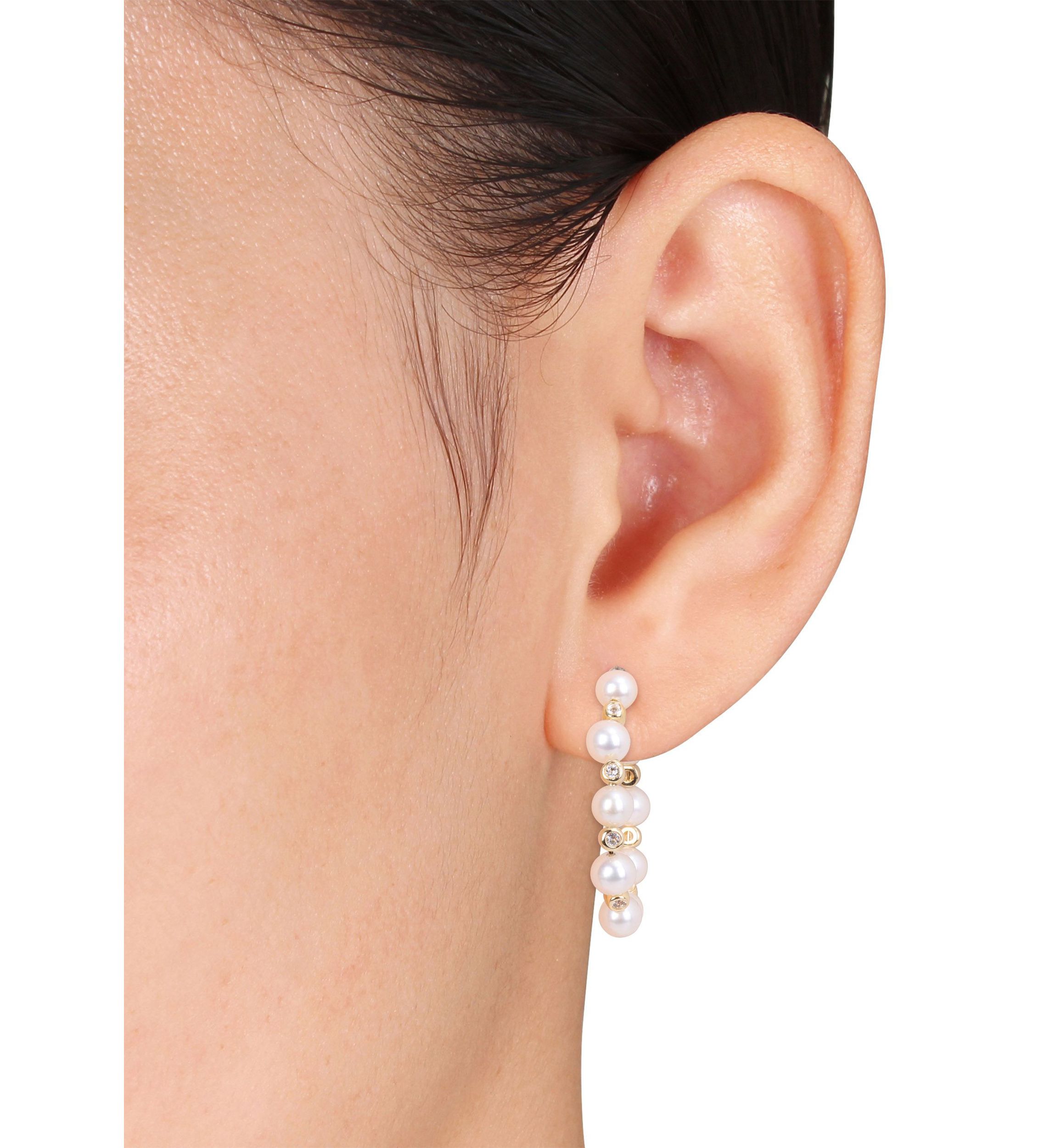 4.5-5mm Freshwater Cultured Pearl and 1/2 CT TGW White Topaz Beaded Hoop Earrings in Yellow Plated Sterling Silver