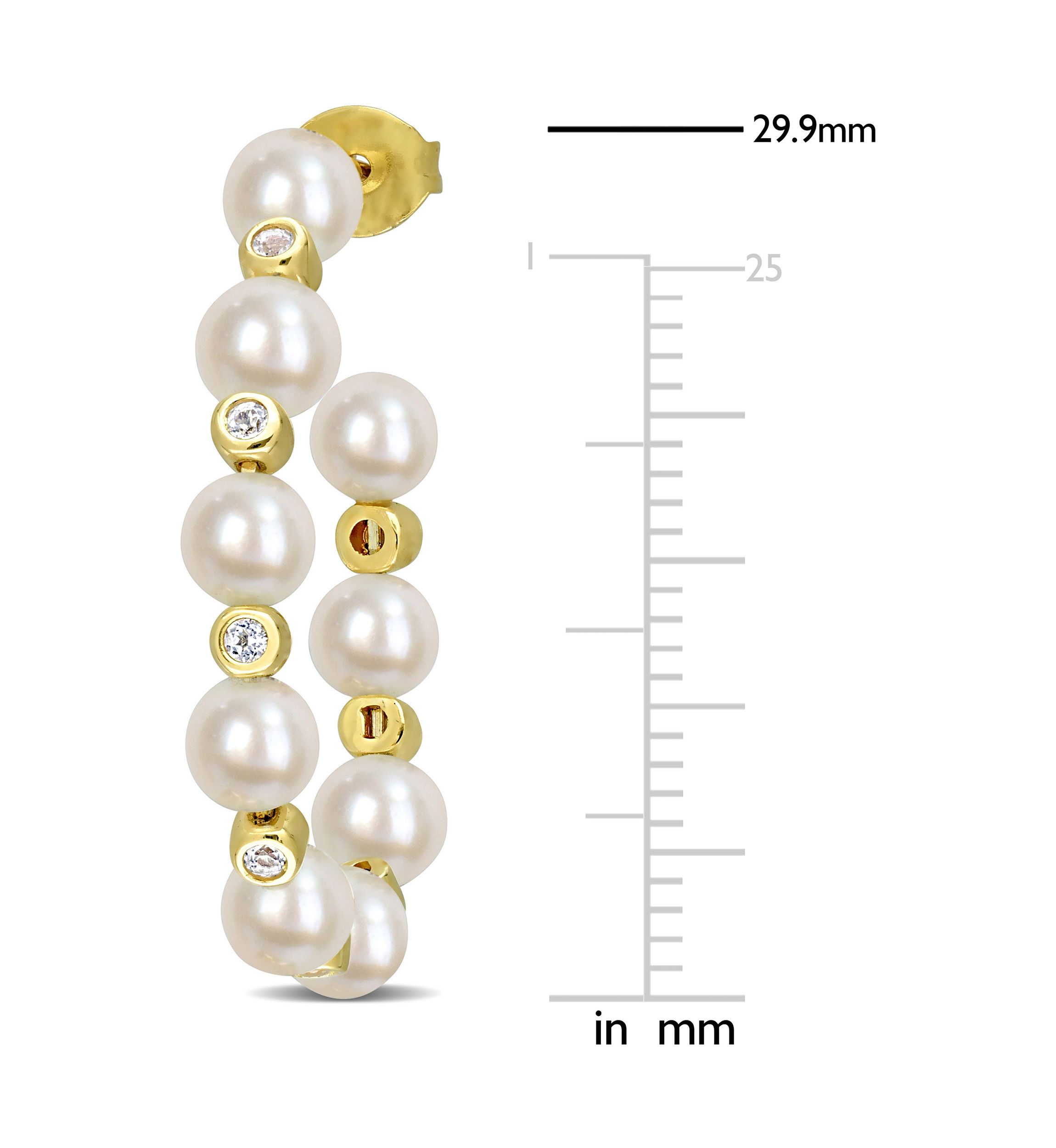 4.5-5mm Freshwater Cultured Pearl and 1/2 CT TGW White Topaz Beaded Hoop Earrings in Yellow Plated Sterling Silver