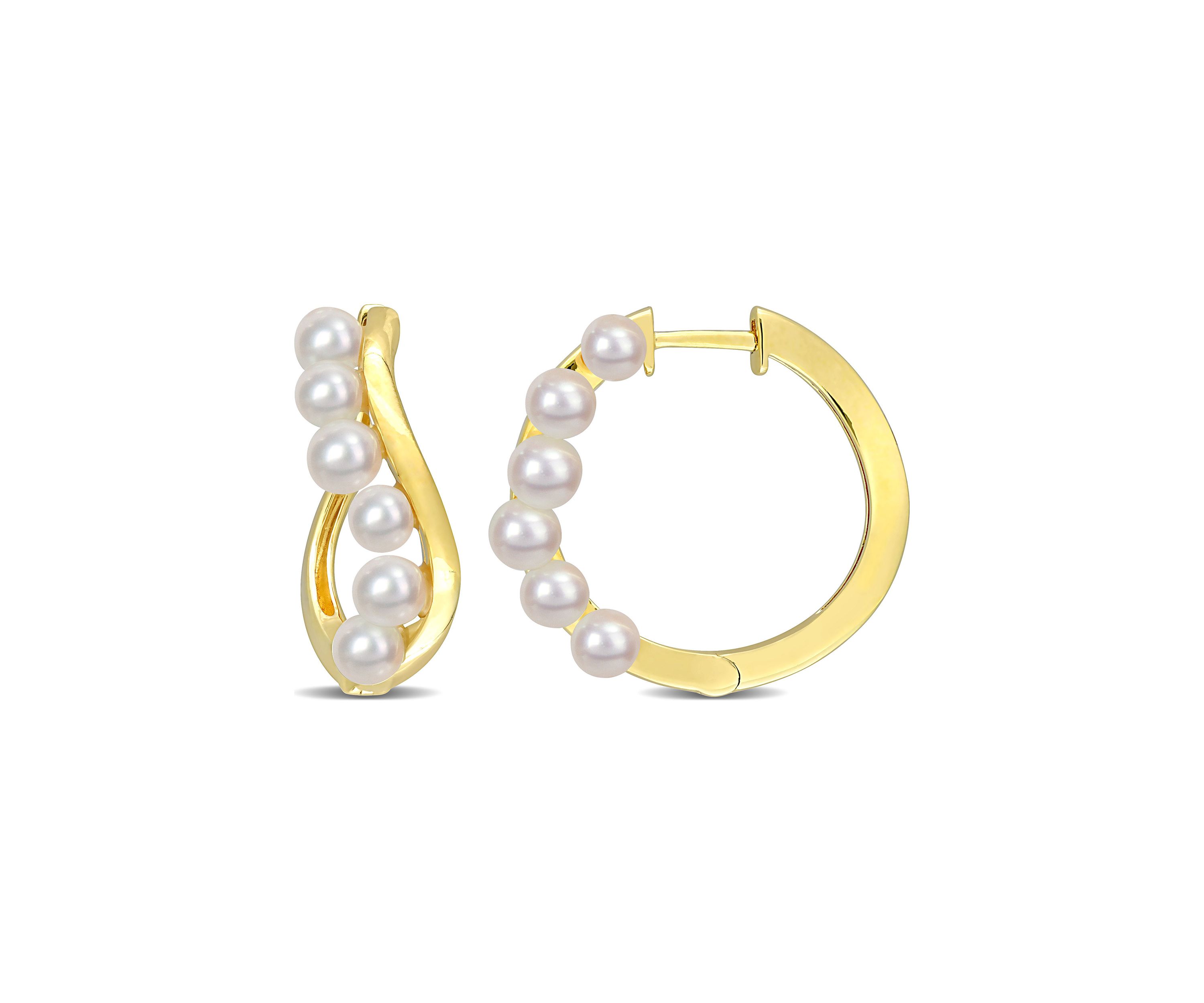 3.5-4mm Freshwater Cultured Pearl Hoop Earrings in Yellow Plated Sterling Silver