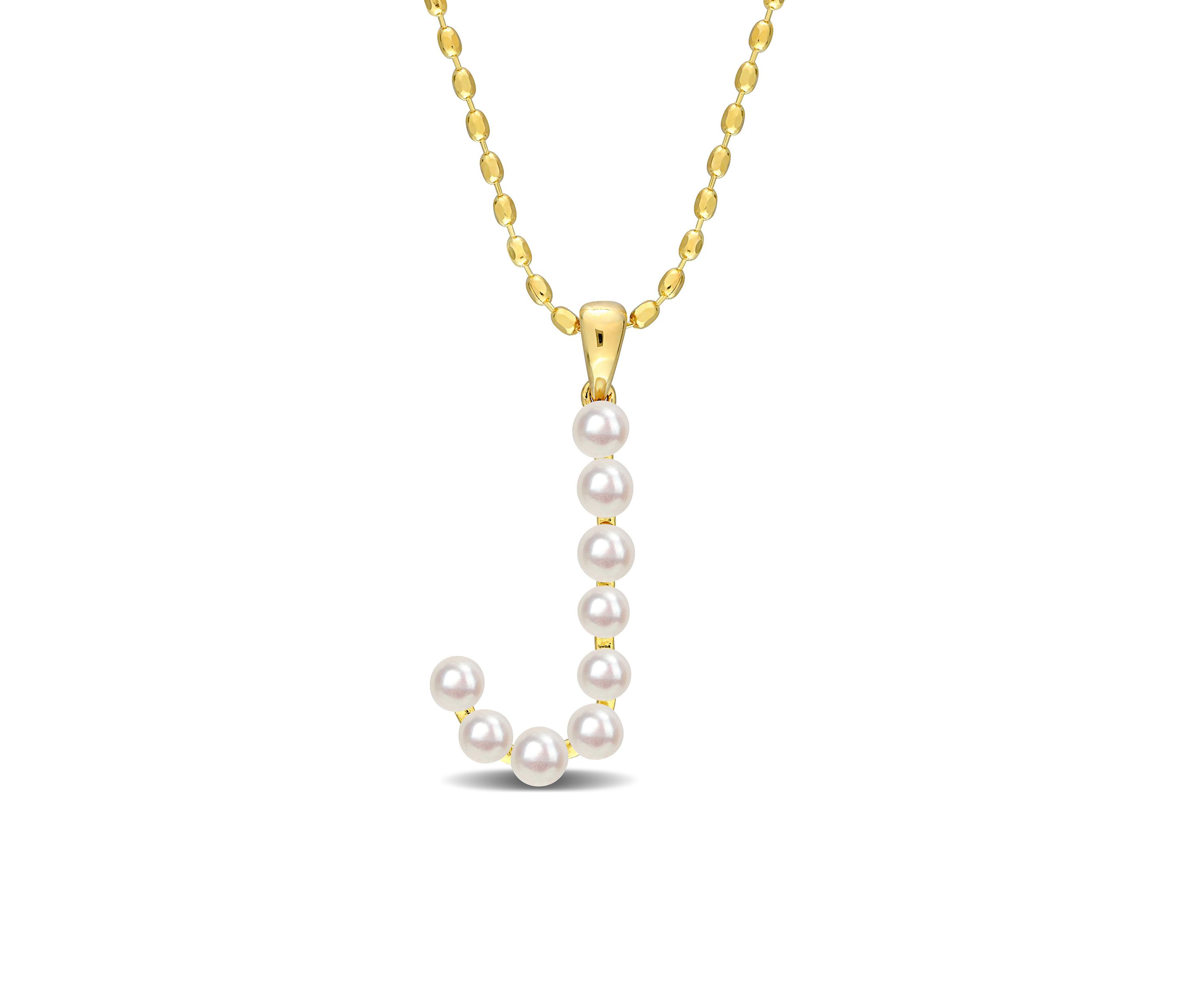 3.5-4mm Freshwater Cultured Pearl "J" Initial Pendant with Chain in Yellow Plated Sterling Silver