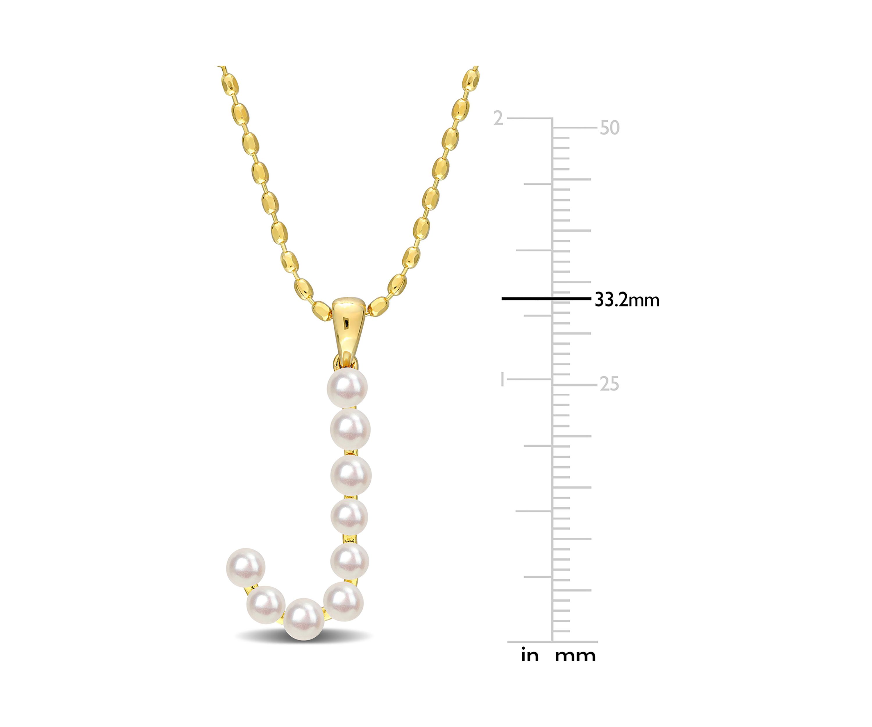 3.5-4mm Freshwater Cultured Pearl "J" Initial Pendant with Chain in Yellow Plated Sterling Silver